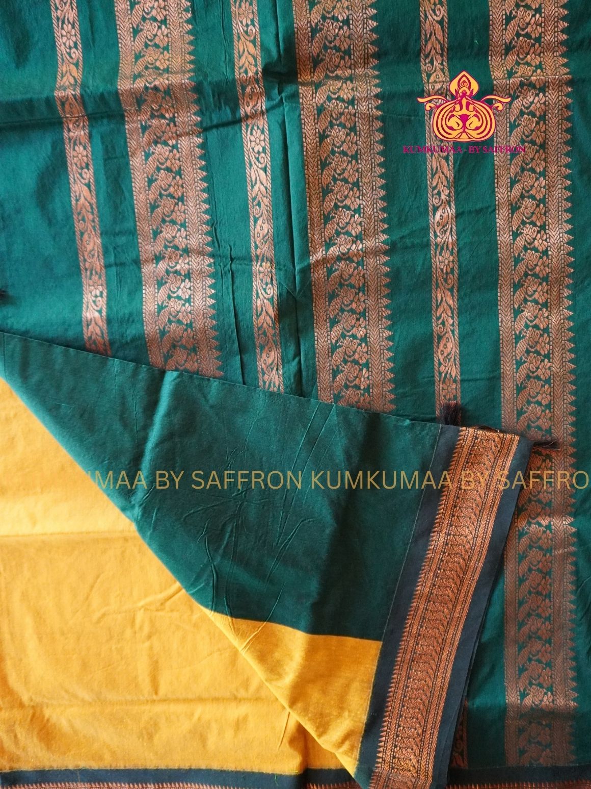 KALYANI COTTON -YELLOW SAREE WITH GREEN GOLD ZARI BORDER - Kumkumaa Exclusive traditional festival temple wear
