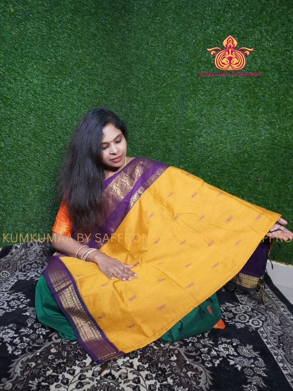 KALYANI COTTON -YELLOW SAREE WITH VIOLET GOLD ZARI BORDER - Kumkumaa Exclusive traditional festival temple wear