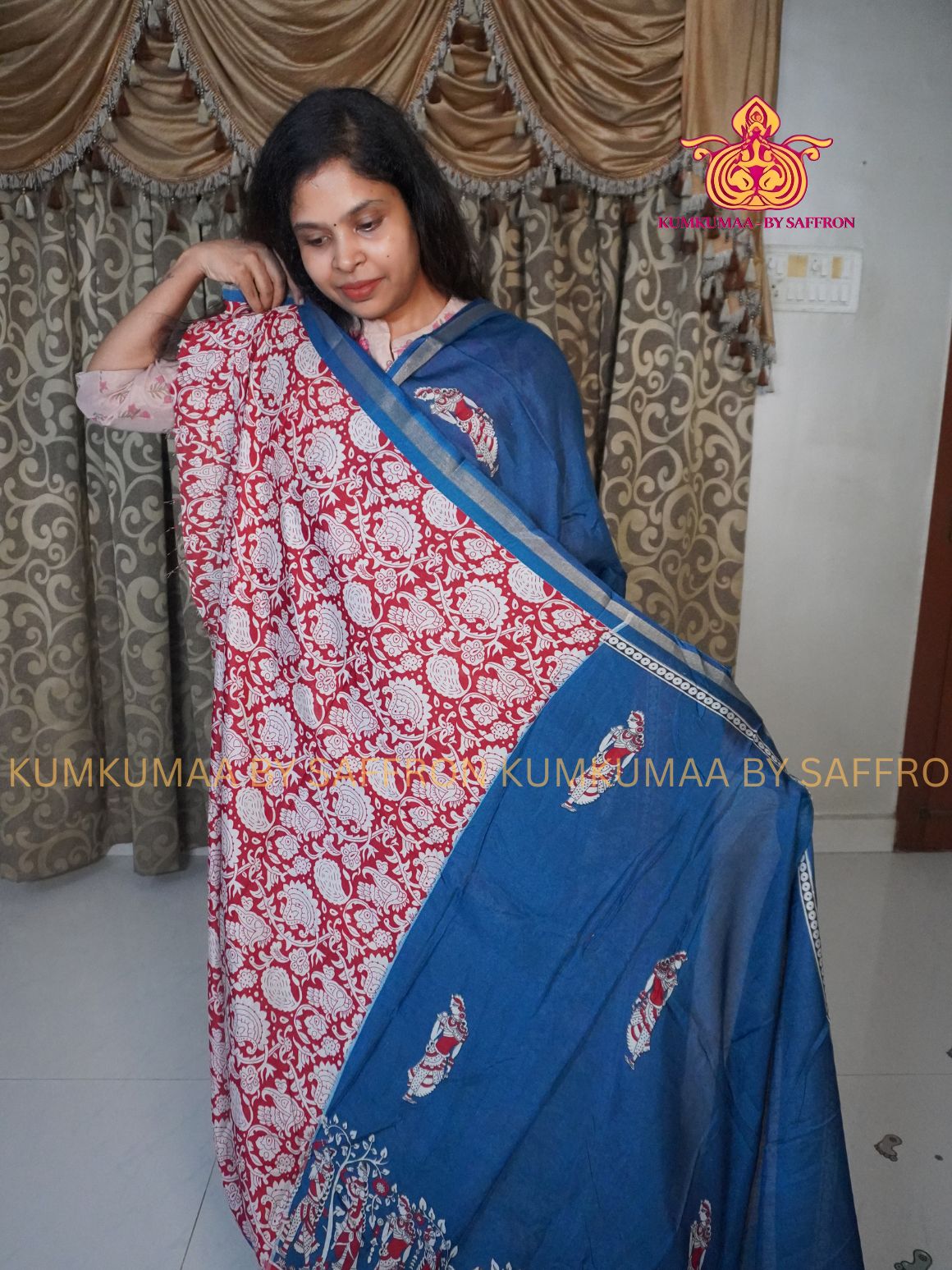 MAHESHWARI COTTON SILK- BLUE AND RED SAREE WITH BLOUSE - MINIMALISTIC BORDER -FLORAL DESIGN PRINTED- Kumkumaa FESTIVE - OCCASION ELEGANCE - STYLISH AND BEAUTIFUL