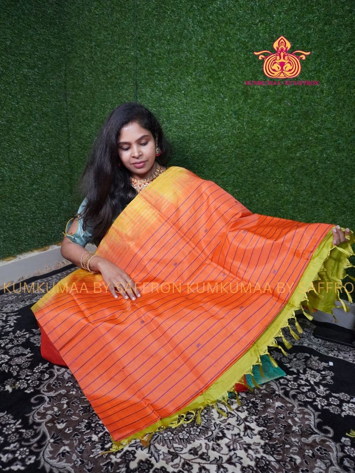 VAAZHAINAAR PATTU - ORANGE AND GREEN SAREE - WITHOUT BORDER- TRADITIONAL WITHOUT BLOUSE - Kumkumaa TRADITIONAL
