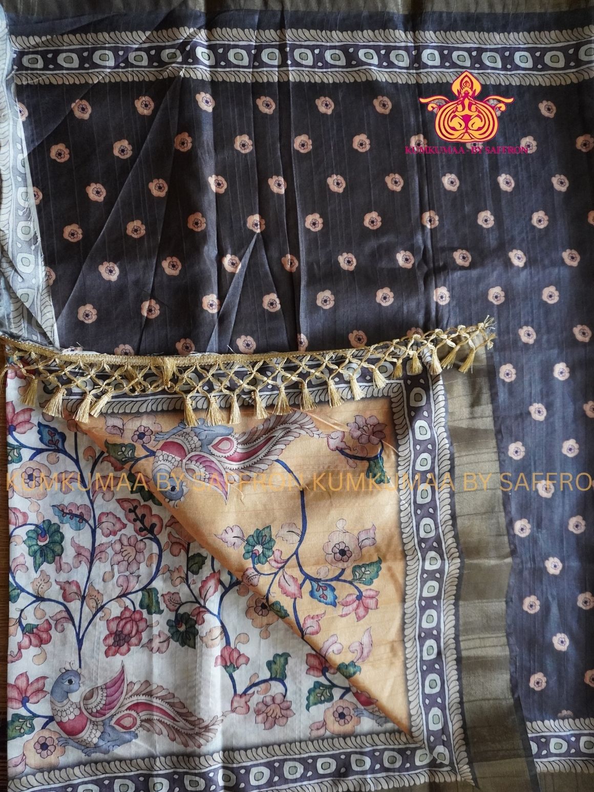 TUSSAR SILK - WHITE WITH FLORAL KALAMKARI PRINTED SAREE - LATEST COLLECTION - KUMKUMAA BY SAFFRON - UNIQUE DESIGN