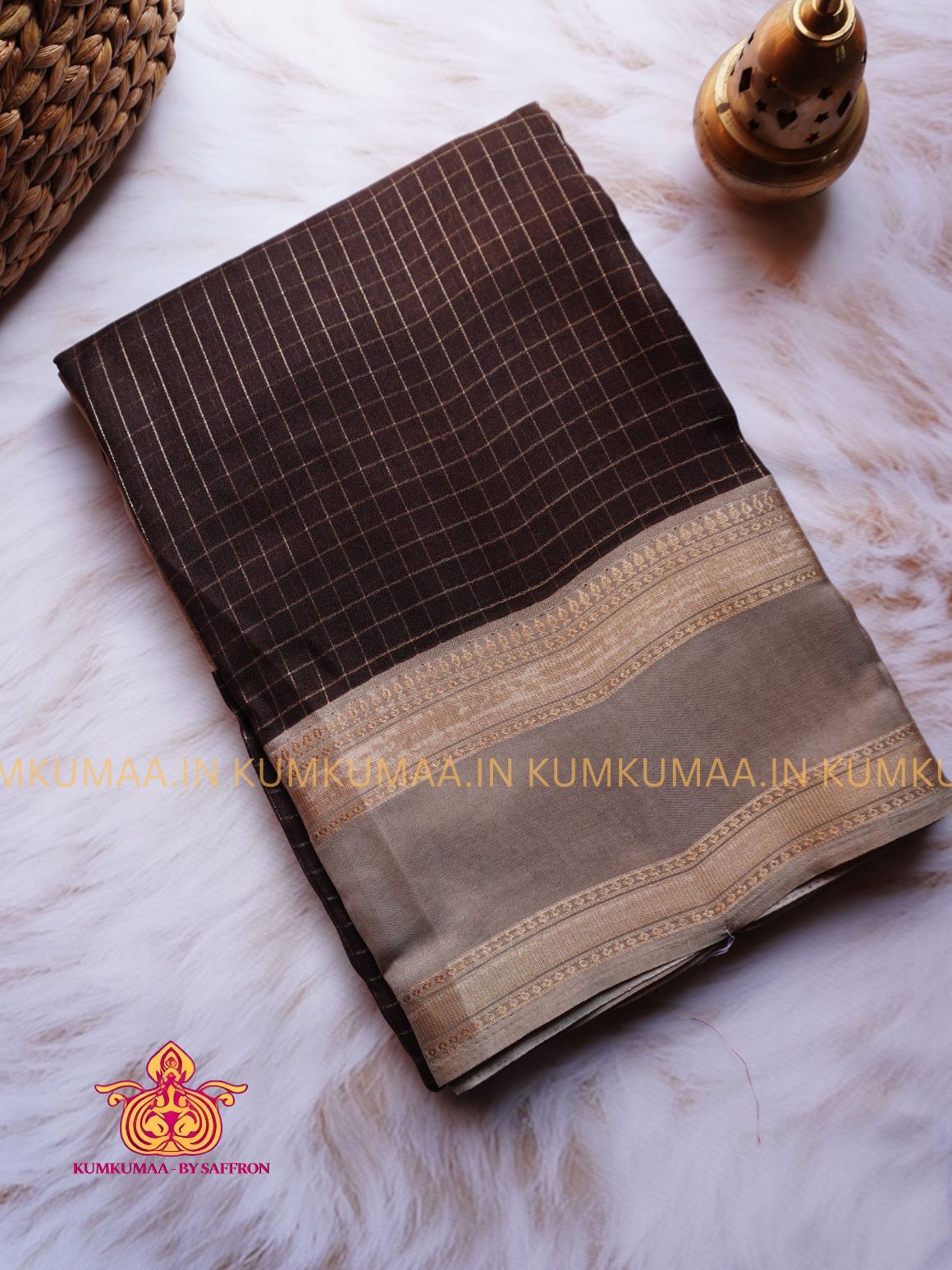 MYSORE Silk SAREE - FESTIVE Beautiful saree for women- CHOCOLATE BROWN WITH BEIGE COLOUR- CHECKED GOLD DESIGN - RETTAPET BORDER- KUMKUMAA TRENDY TRADITIONAL WEAR - Comfort - Confidence - Elegance