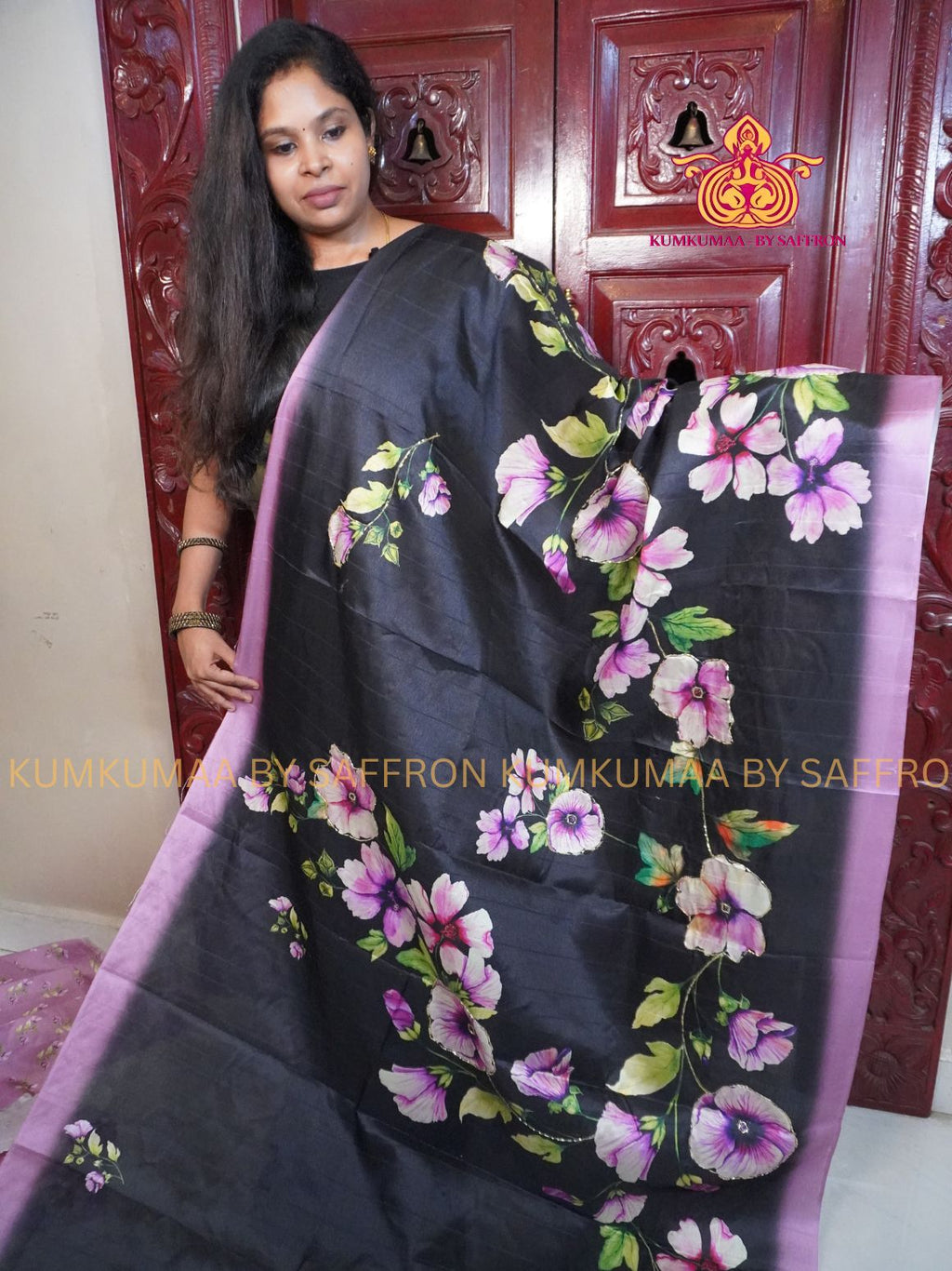 TUSSAR SILK - BLACK AND SOFT PINK - FLORAL PRINTED SAREE - CUT BEEDS WORKING - LATEST COLLECTION - PARTY AND PERFECT- KUMKUMAA BY SAFFRON - UNIQUE DESIGN