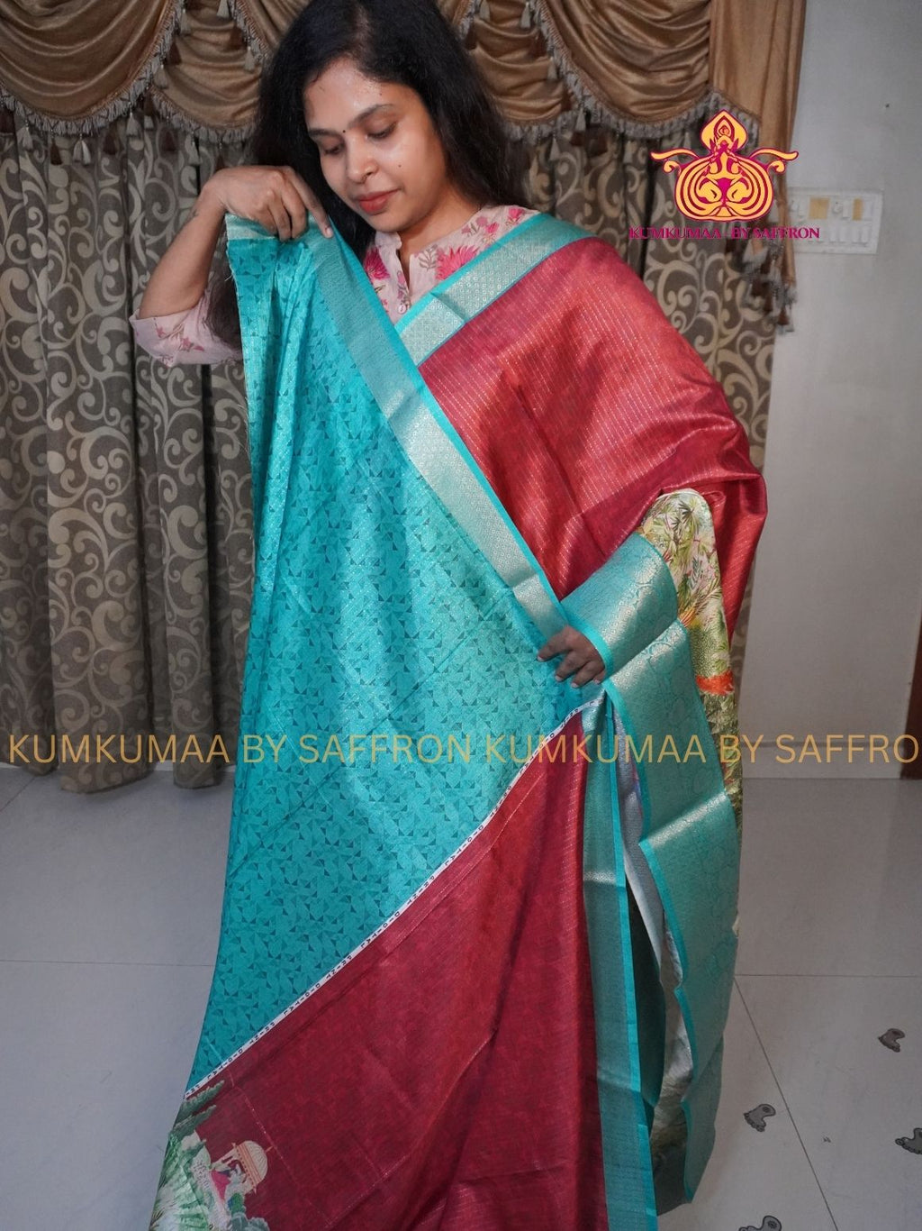Dola Silk - COMFORTABLE FESTIVE Beautiful saree for women- RED AND TURQUOISE- ZARI STRIPES DESIGN - ANIMAL &amp; FOREST PRINT - KUMKUMAA TRENDY TRADITIONAL WEAR - Comfort - Confidence - Elegance