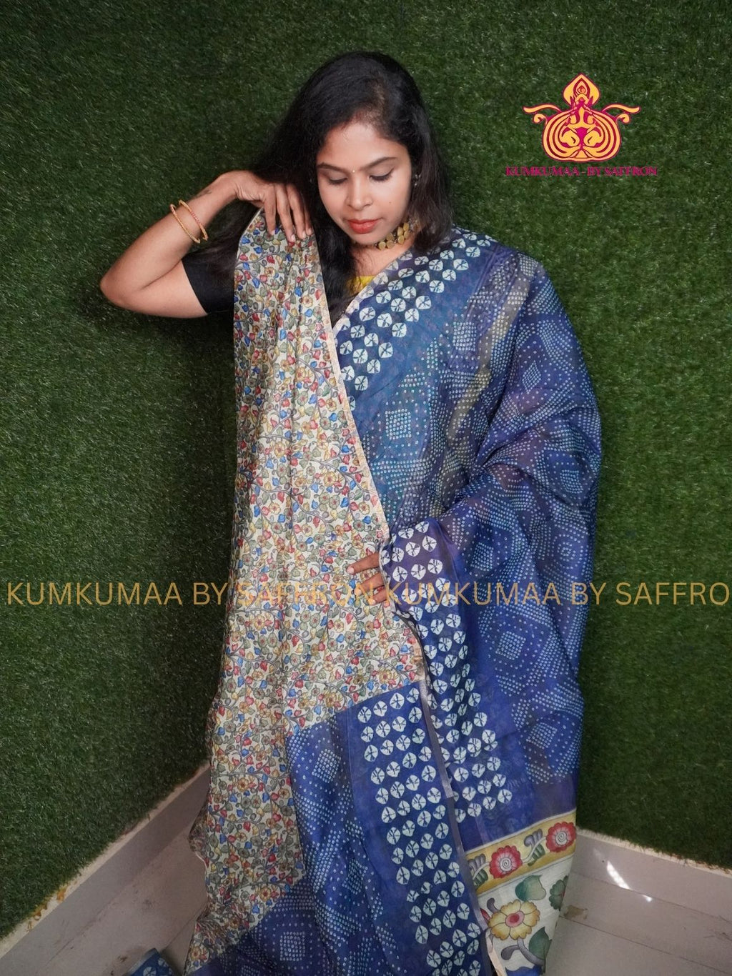 CHANDERI COTTON - BLUE - BANDHINI DESIGN FLORAL BLOUSE AND PALLU- PROFESSIONAL WEAR- MINIMALIST BORDER - LATEST COLLECTION - KUMKUMAA BY SAFFRON - ELITE DESIGN