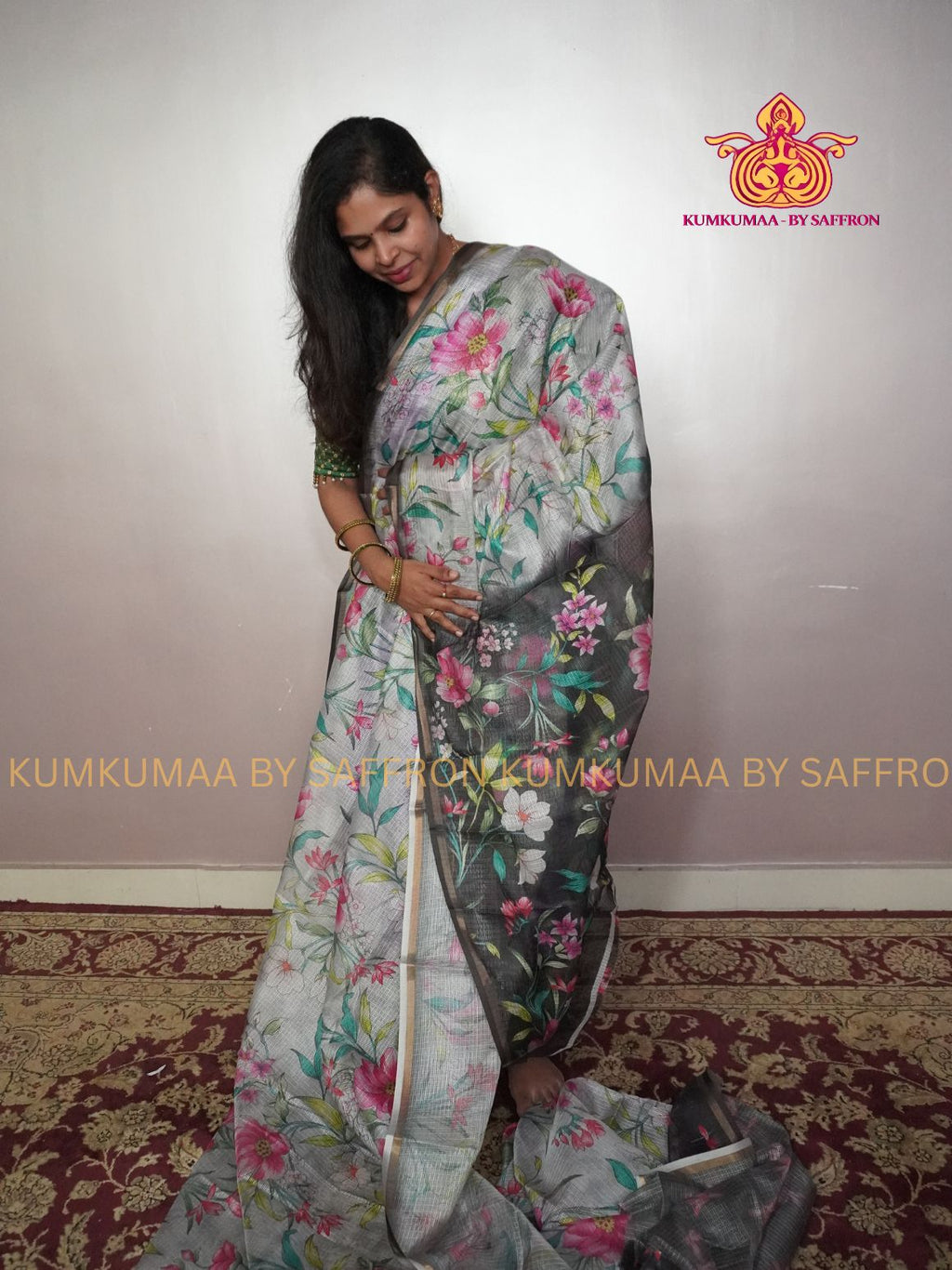 KOTA -GREY WITH BLACK LOTUS SAREE WITH FULLY PRINTED BLOUSE - Kumkumaa LIGHT WEIGHT - BREATHABLE SAREE- FANCY AND ELEGANT