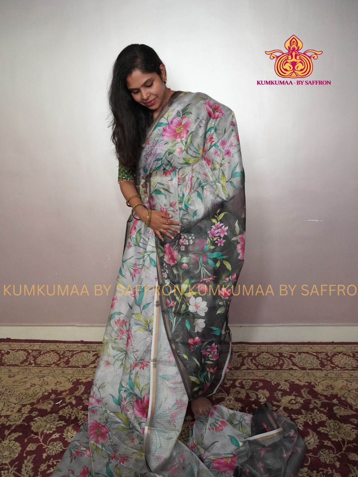 KOTA -GREY WITH BLACK LOTUS SAREE WITH FULLY PRINTED BLOUSE - Kumkumaa LIGHT WEIGHT - BREATHABLE SAREE- FANCY AND ELEGANT