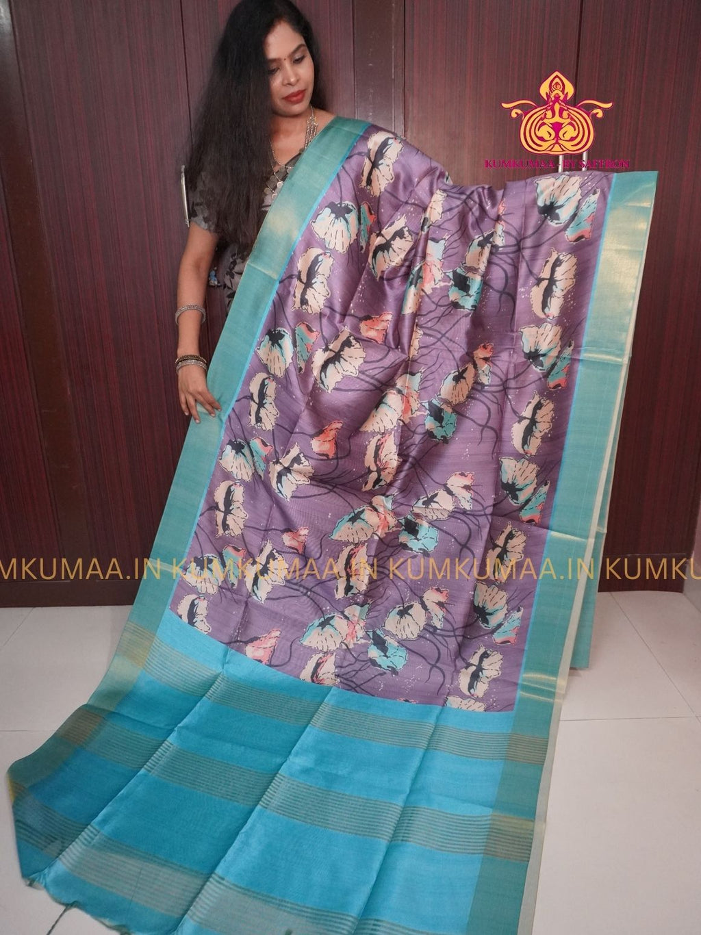 TUSSAR SILK - PURPLE AND BLUE - FLOWER DESIGN SAREE - WITHOUT BORDER - LATEST COLLECTION - KUMKUMAA BY SAFFRON - UNIQUE DESIGN