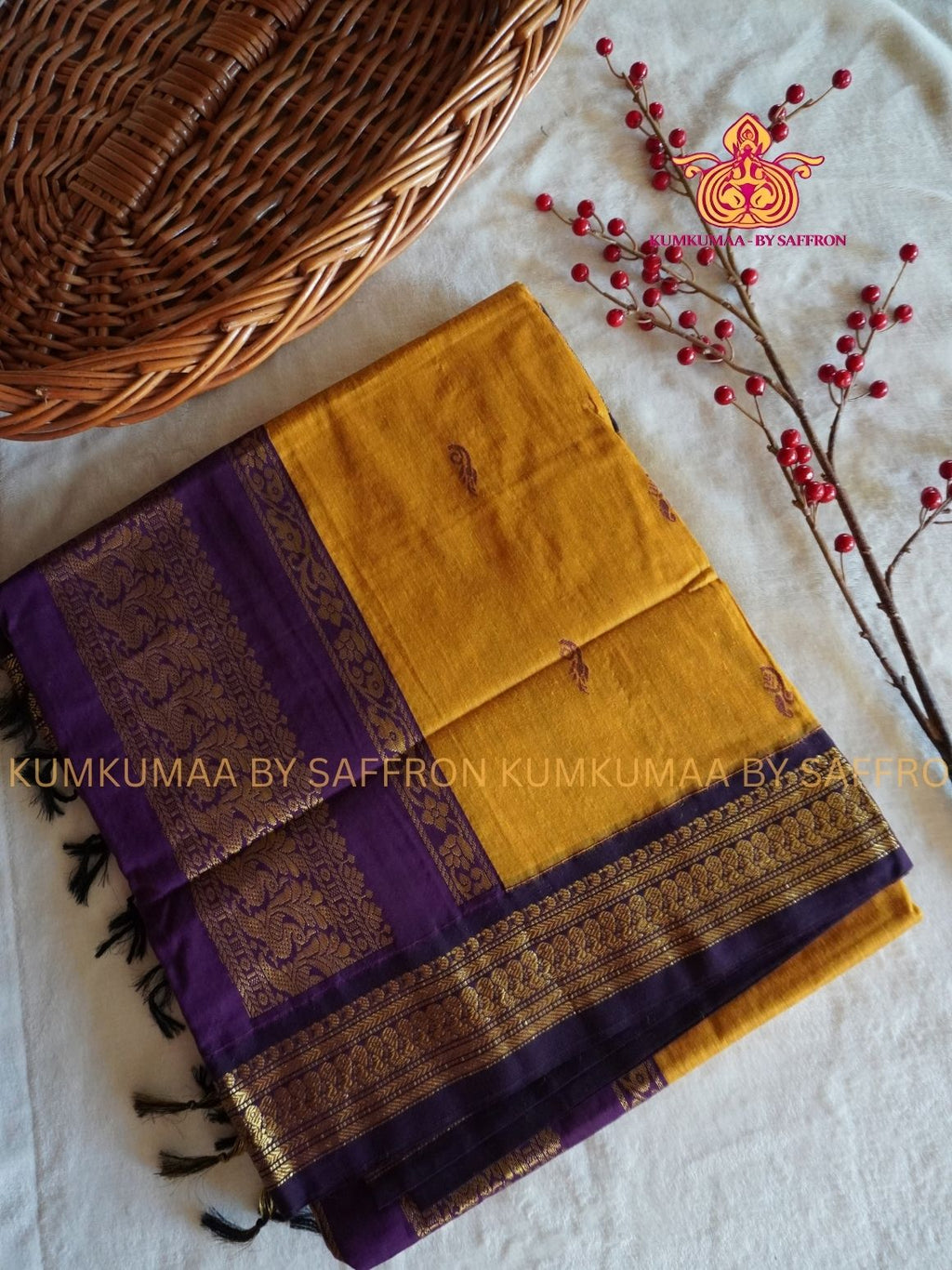 KALYANI COTTON -YELLOW SAREE WITH VIOLET GOLD ZARI BORDER - Kumkumaa Exclusive traditional festival temple wear