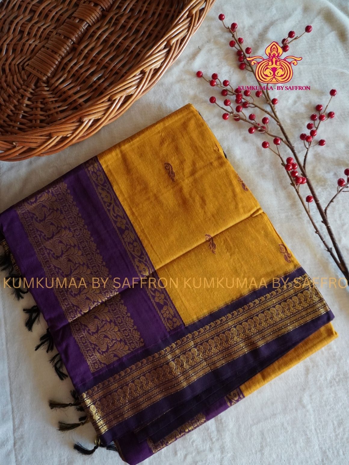KALYANI COTTON -YELLOW SAREE WITH VIOLET GOLD ZARI BORDER - Kumkumaa Exclusive traditional festival temple wear