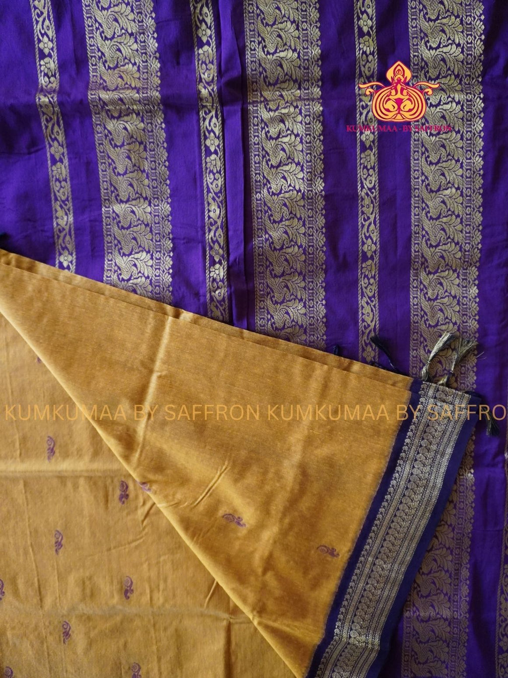 KALYANI COTTON -YELLOW SAREE WITH VIOLET GOLD ZARI BORDER - Kumkumaa Exclusive traditional festival temple wear