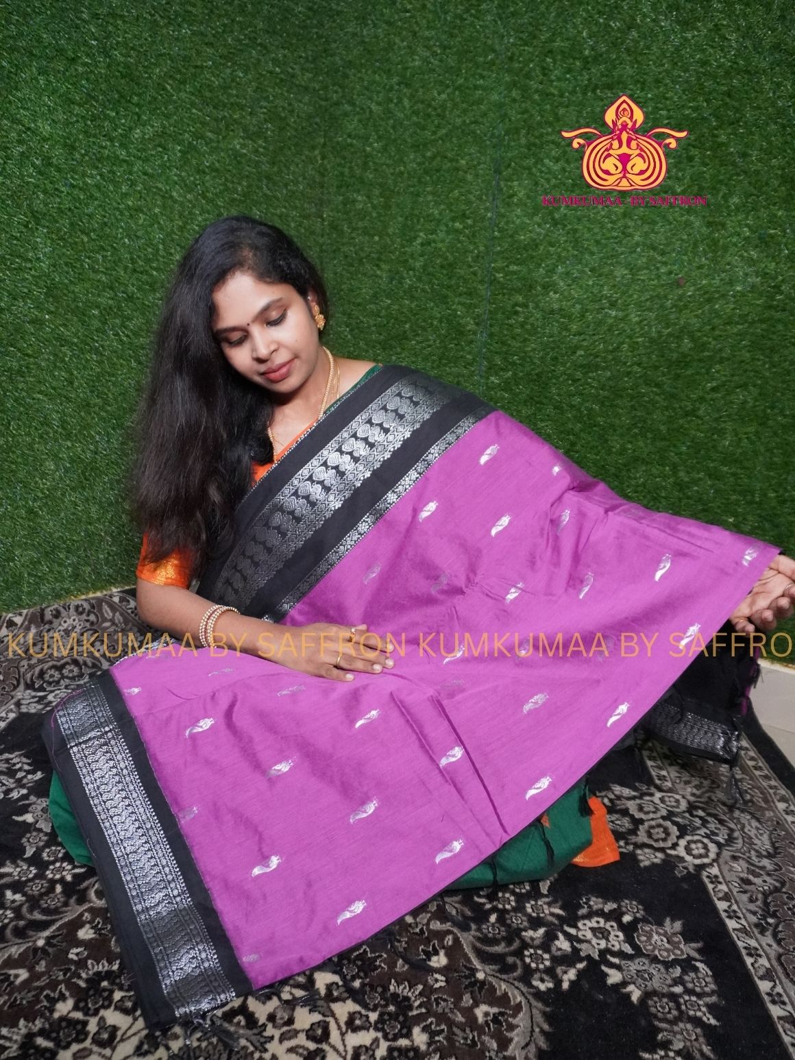 KALYANI COTTON - PINK SAREE WITH BLACK SILVER ZARI BORDER - Kumkumaa Exclusive traditional festival temple wear