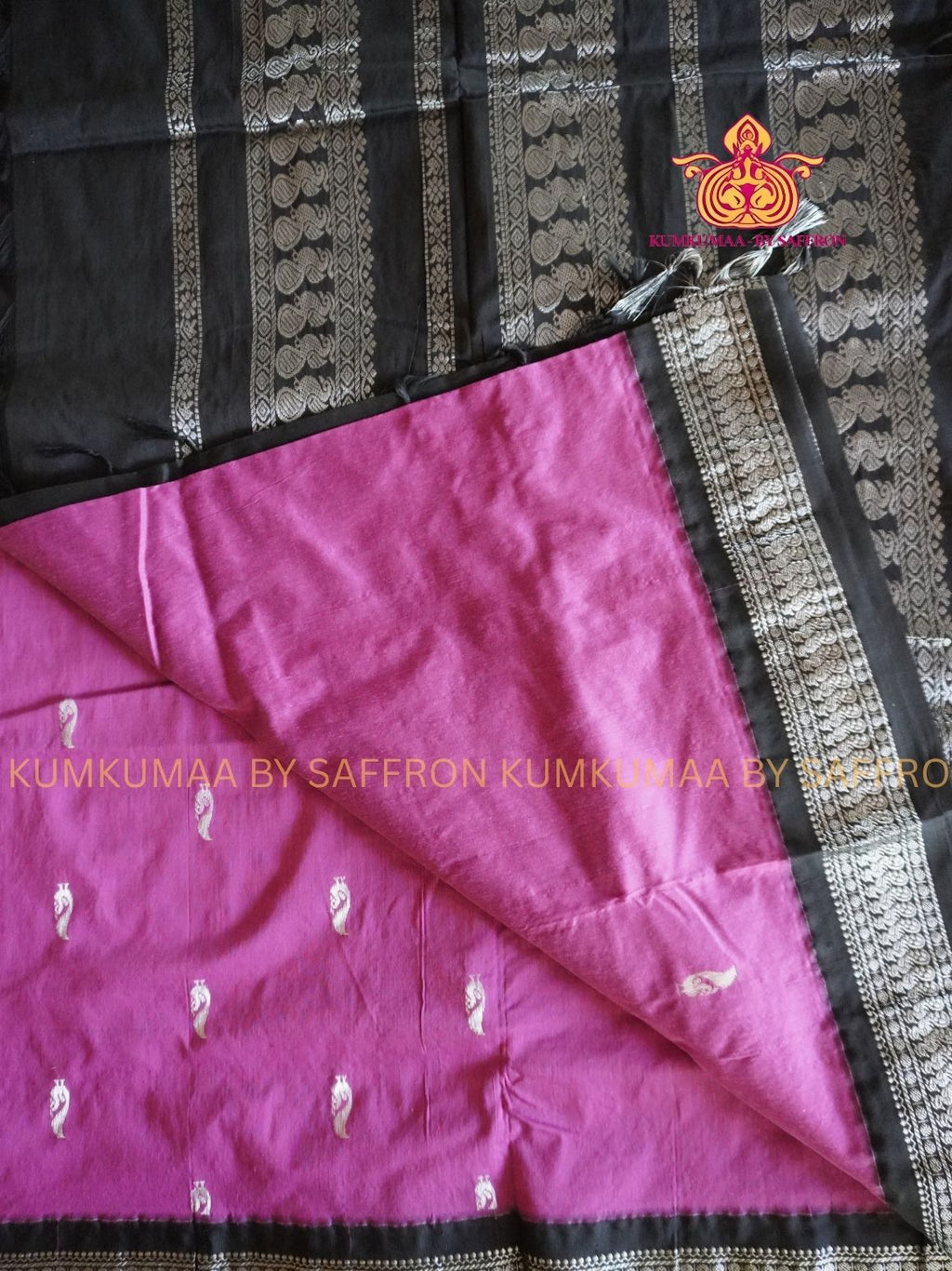 KALYANI COTTON - PINK SAREE WITH BLACK SILVER ZARI BORDER - Kumkumaa Exclusive traditional festival temple wear