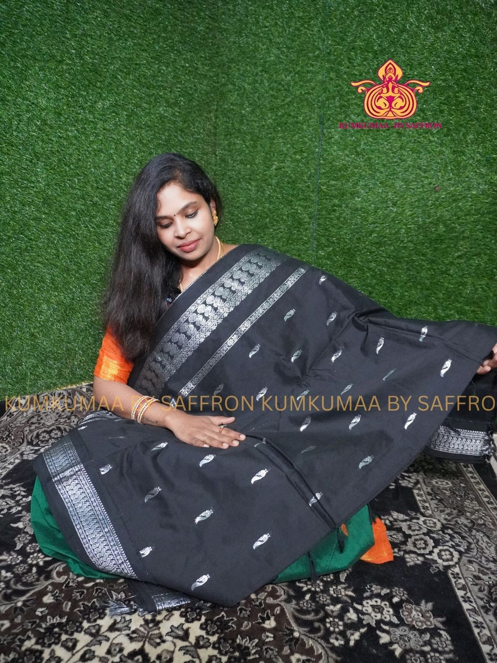 KALYANI COTTON - FULL BLACK SILVER ZARI BORDER - Kumkumaa Exclusive traditional festival temple wear