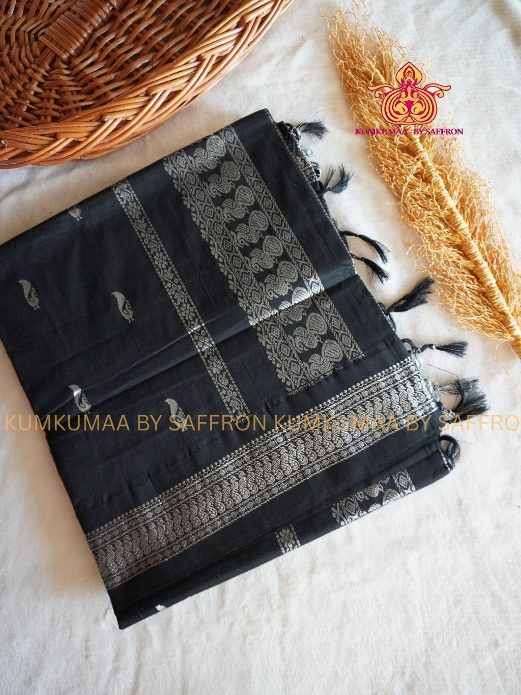 KALYANI COTTON - FULL BLACK SILVER ZARI BORDER - Kumkumaa Exclusive traditional festival temple wear