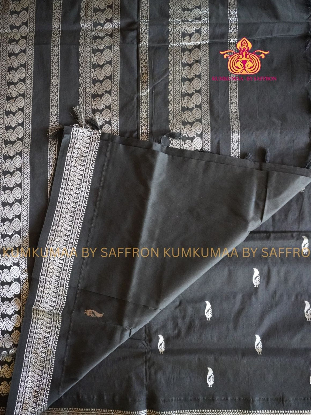 KALYANI COTTON - FULL BLACK SILVER ZARI BORDER - Kumkumaa Exclusive traditional festival temple wear