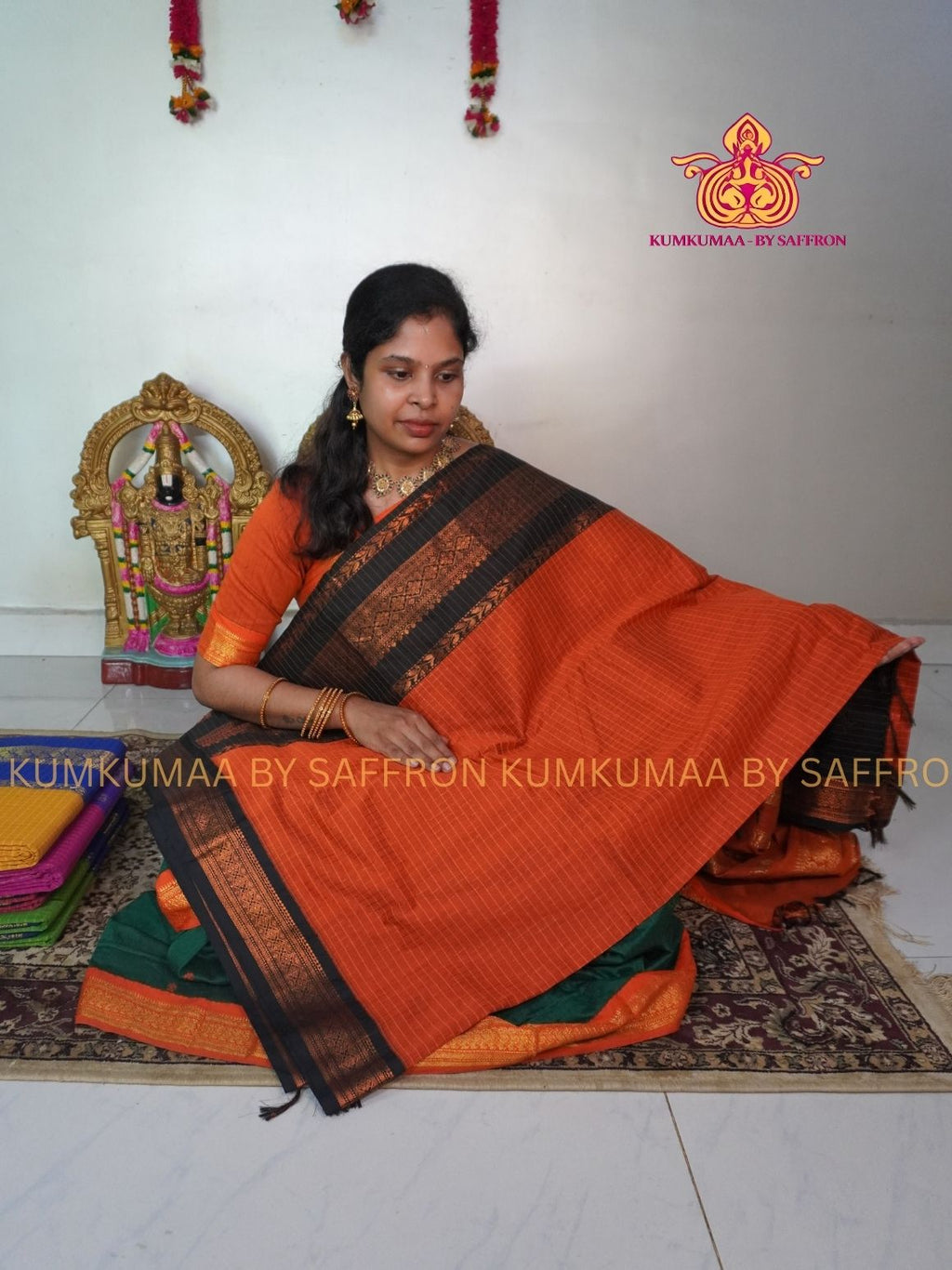 KALYANI COTTON - ORANGE WITH BLACK CHECKED SAREE- GOLD ZARI BORDER - Kumkumaa Exclusive traditional festival temple wear