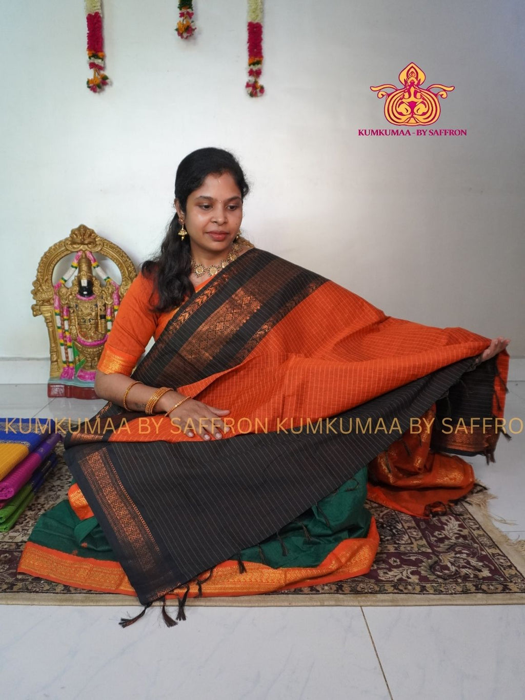 KALYANI COTTON - ORANGE WITH BLACK CHECKED SAREE- GOLD ZARI BORDER - Kumkumaa Exclusive traditional festival temple wear