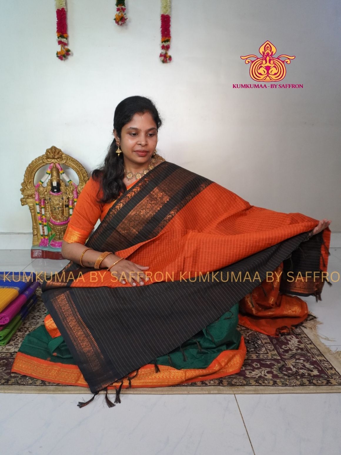 KALYANI COTTON - ORANGE WITH BLACK CHECKED SAREE- GOLD ZARI BORDER - Kumkumaa Exclusive traditional festival temple wear