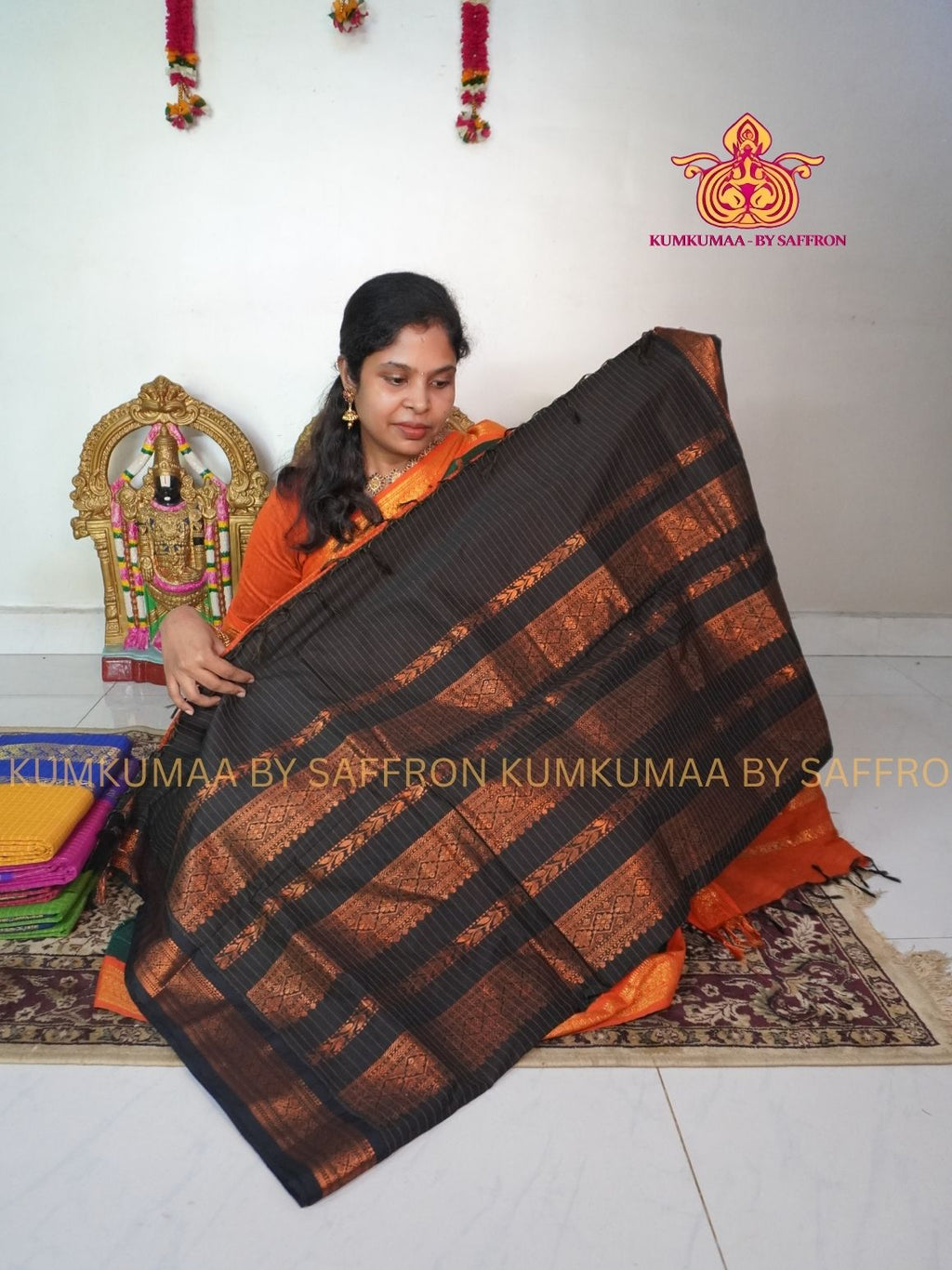 KALYANI COTTON - ORANGE WITH BLACK CHECKED SAREE- GOLD ZARI BORDER - Kumkumaa Exclusive traditional festival temple wear