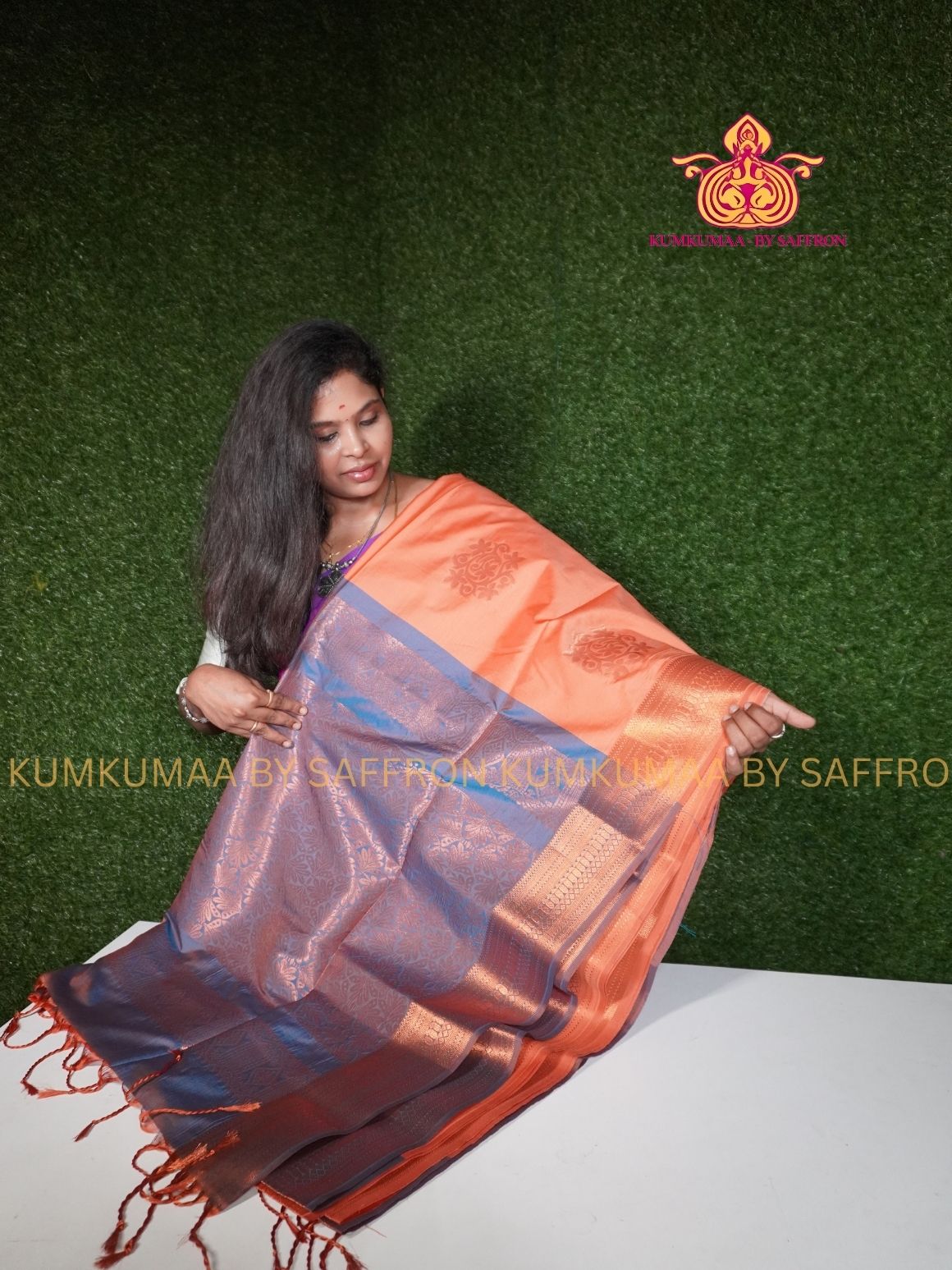 SOFT SILK - ORANGE - BLUE GRAY ELEGANT FESTIVE Beautiful saree for women -ZARI WEAVING- KUMKUMAA SPECIAL SOFT SILK SAREE - TRADITIONAL AND FESTIVE