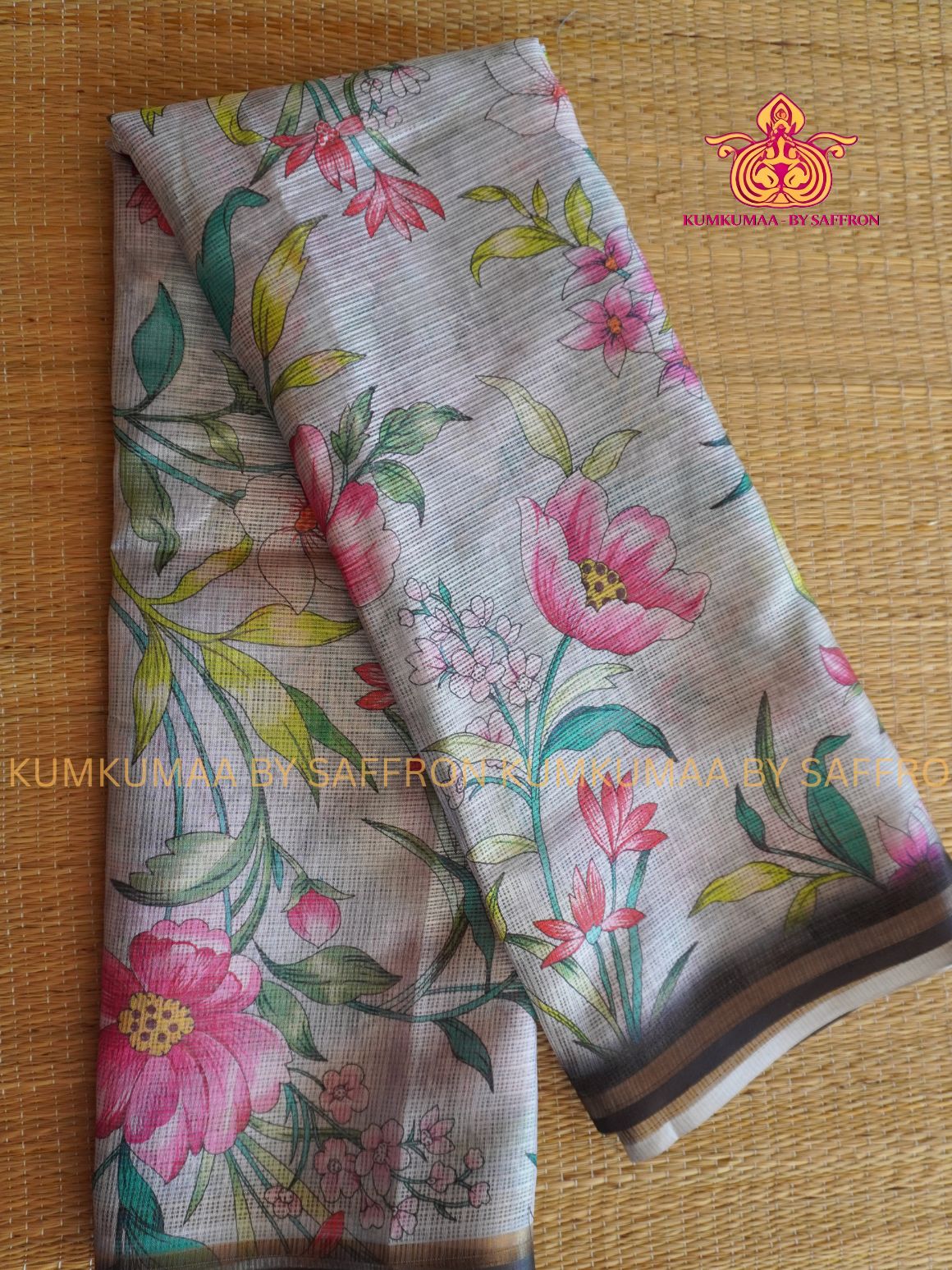 KOTA -GREY WITH BLACK LOTUS SAREE WITH FULLY PRINTED BLOUSE - Kumkumaa LIGHT WEIGHT - BREATHABLE SAREE- FANCY AND ELEGANT