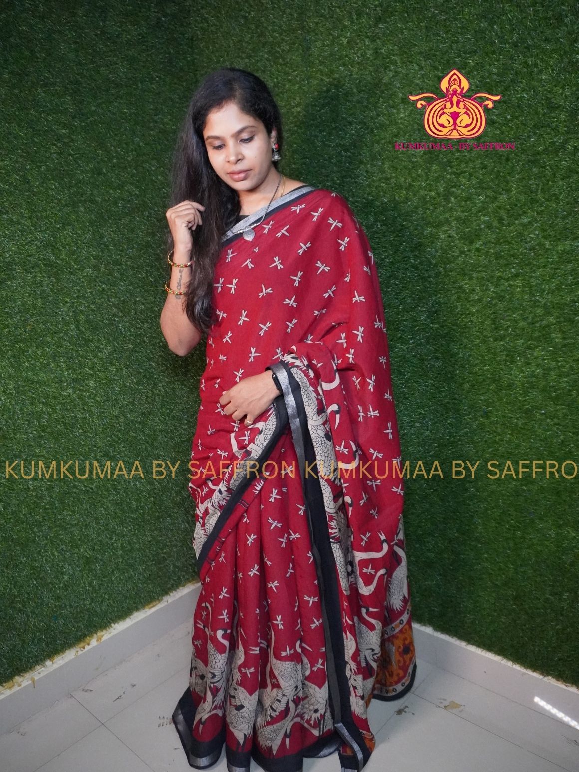 Dola Silk - COMFORTABLE FESTIVE Beautiful saree for women- RED AND BLACK- CRANE DESIGN - ANIMAL PRINT - KUMKUMAA TRENDY TRADITIONAL WEAR - Comfort - Confidence - Elegance