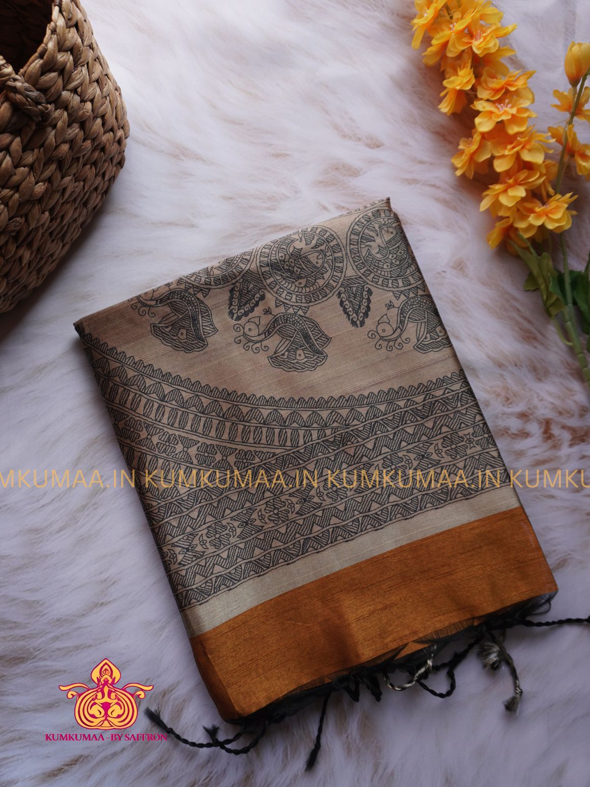 SEMI RAW SILK SAREE - RUST ORANGE AND BEIGE - PRINTED PALLU - TRENDY WEAR SAREE- Beautiful saree for women - KUMKUMAA TRENDY FOR ALL OCCASION