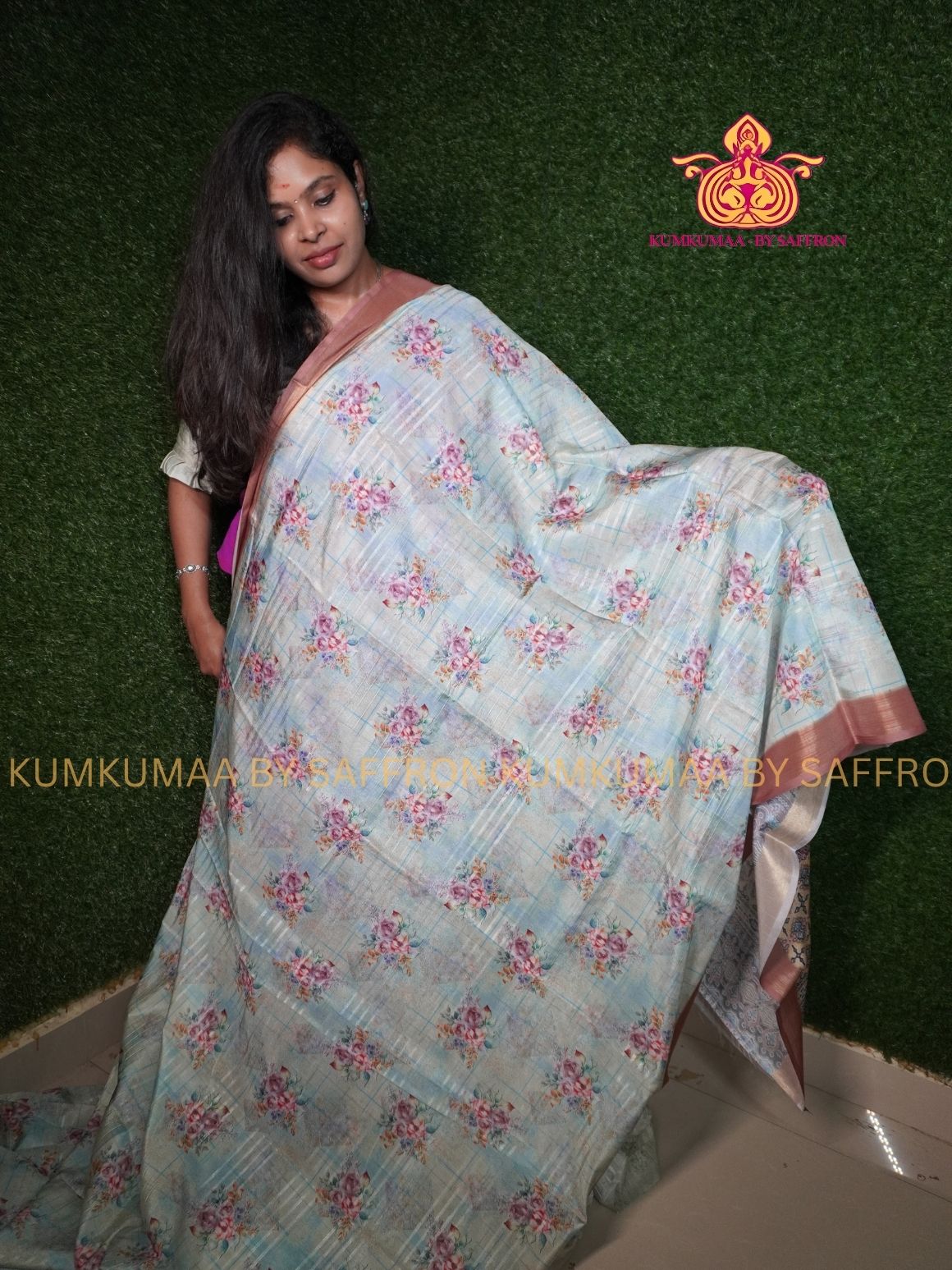 TUSSAR SILK -PASTEL GREEN WITH FLORAL PRINTED SAREE - LATEST COLLECTION - KUMKUMAA BY SAFFRON - UNIQUE DESIGN