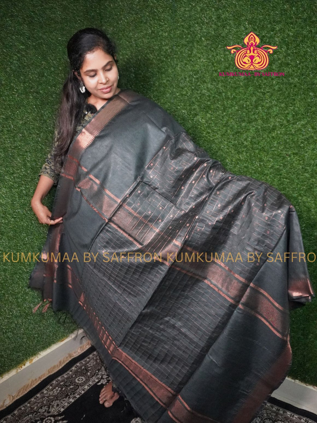 FANCY SAREE - BLACK WITH GOLD BUTTAS SAREE - STRIPPED DESIGN ALL OVER- TRENDY WEAR SAREE- Beautiful saree for women - KUMKUMAA FANCY FOR ALL OCCASION
