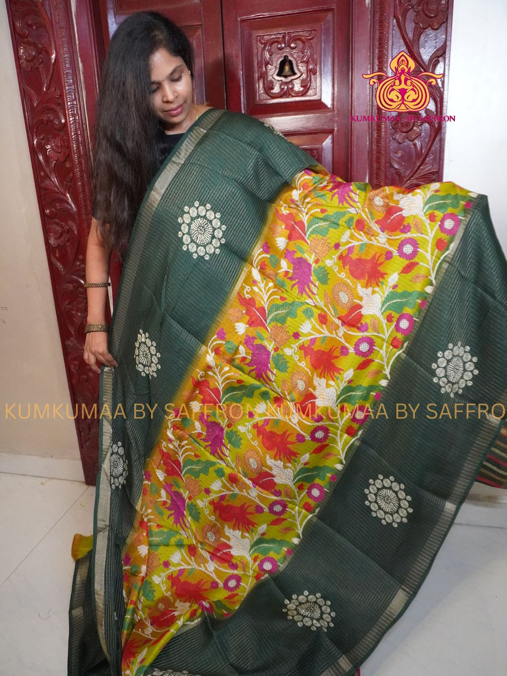 COTTON SILK- GREEN AND YELLOW SAREE WITH BLOUSE - MINIMALISTIC BORDER -FLORAL DESIGN PRINTED- Kumkumaa FESTIVE - SELF BLOUSE - OCCASION ELEGANCE - STYLISH AND BEAUTIFUL