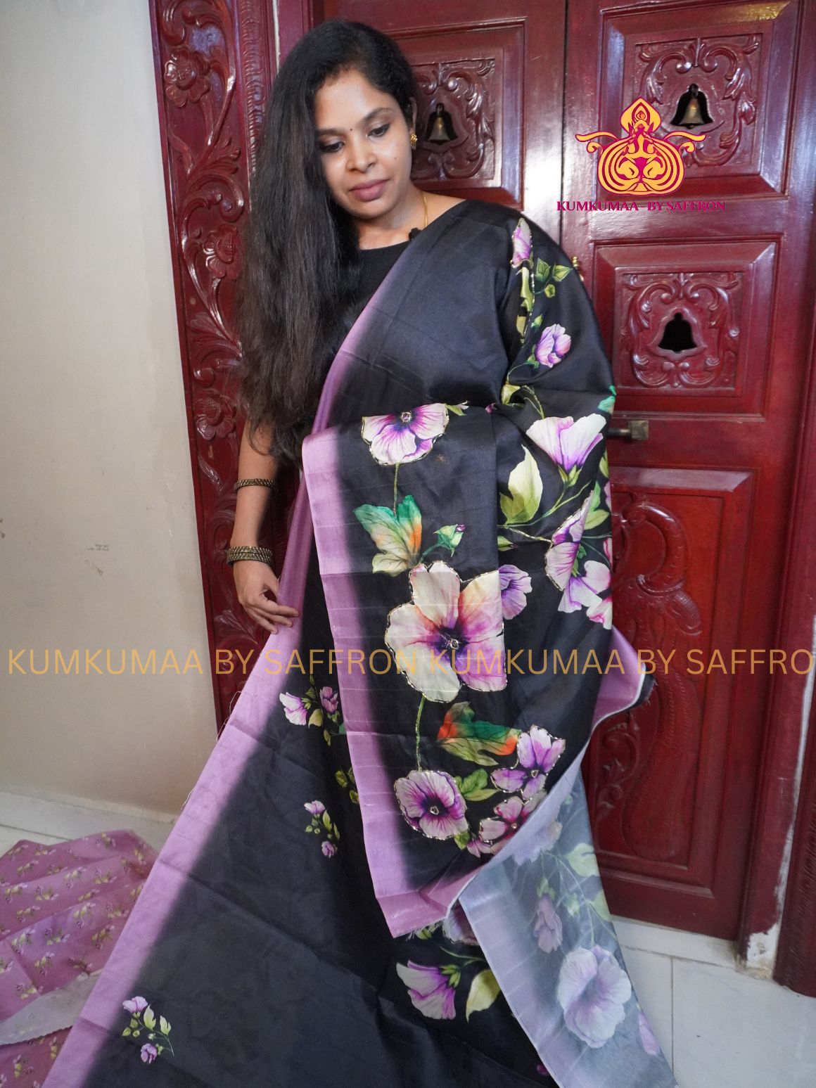 TUSSAR SILK - BLACK AND SOFT PINK - FLORAL PRINTED SAREE - CUT BEEDS WORKING - LATEST COLLECTION - PARTY AND PERFECT- KUMKUMAA BY SAFFRON - UNIQUE DESIGN