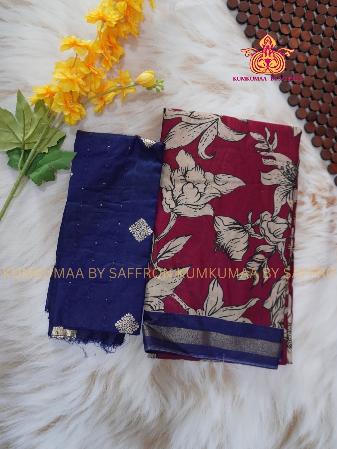 MUL COTTON SILK- HOT PINK SAREE WITH BLUE BANARASI BLOUSE -FLORAL DOTS DESIGN - Kumkumaa FESTIVE - OCCASION ELEGANCE - STYLISH AND BEAUTIFUL