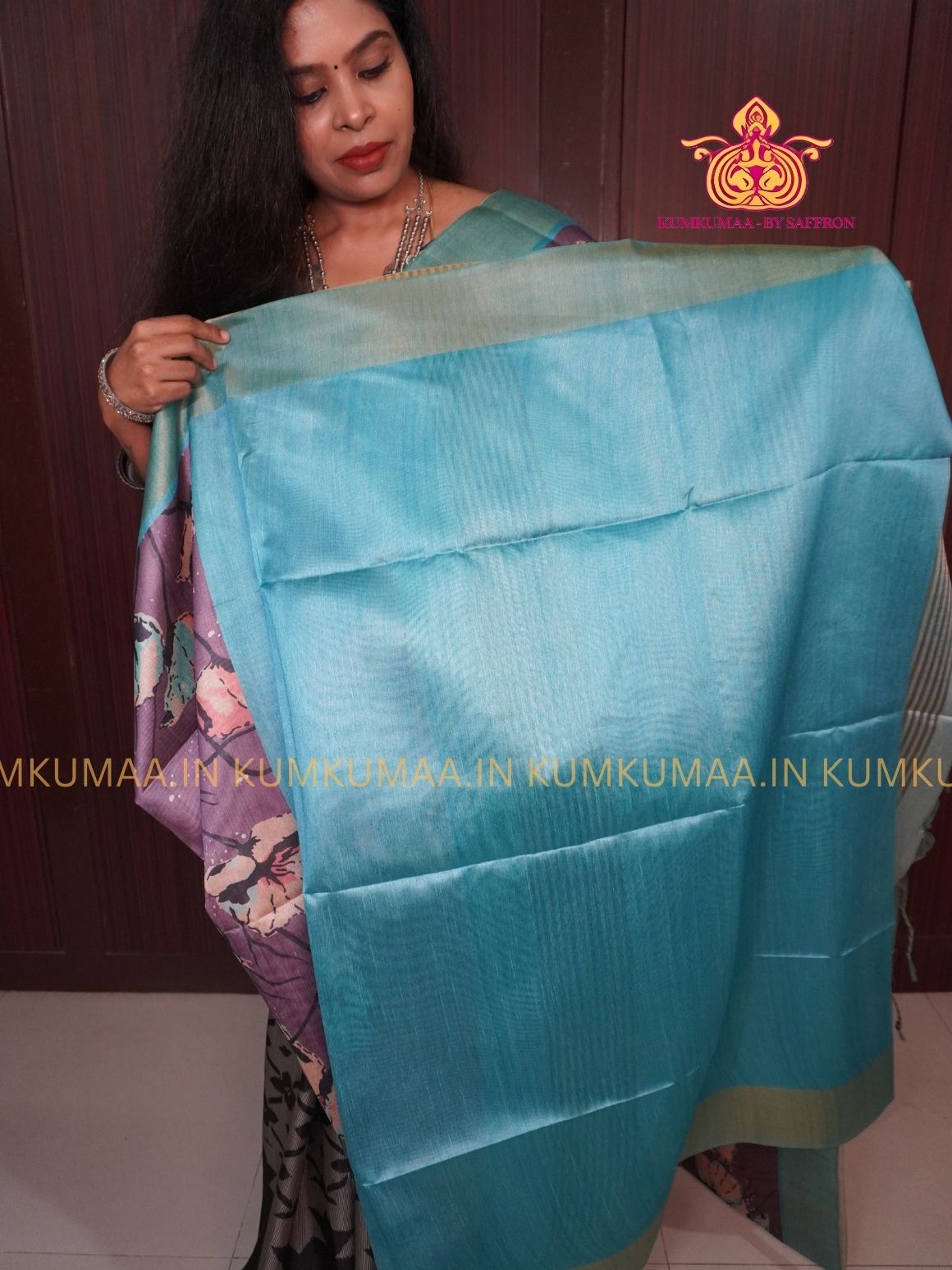TUSSAR SILK - PURPLE AND BLUE - FLOWER DESIGN SAREE - WITHOUT BORDER - LATEST COLLECTION - KUMKUMAA BY SAFFRON - UNIQUE DESIGN