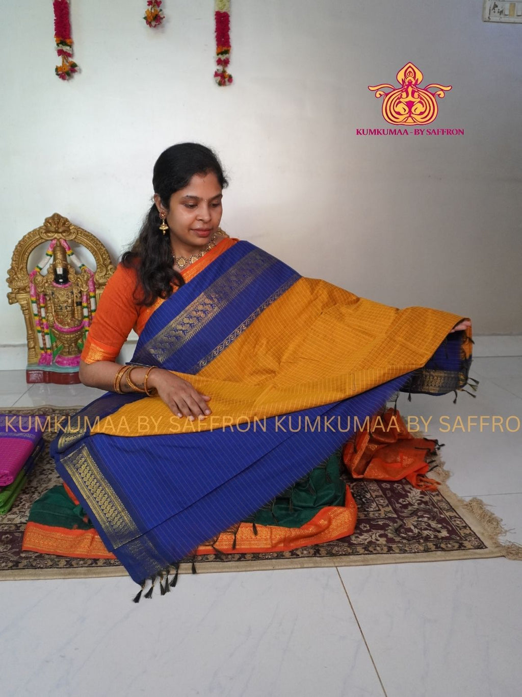 KALYANI COTTON - YELLOW WITH BLUE CHECKED SAREE- GOLD ZARI BORDER - Kumkumaa Exclusive traditional festival temple wear