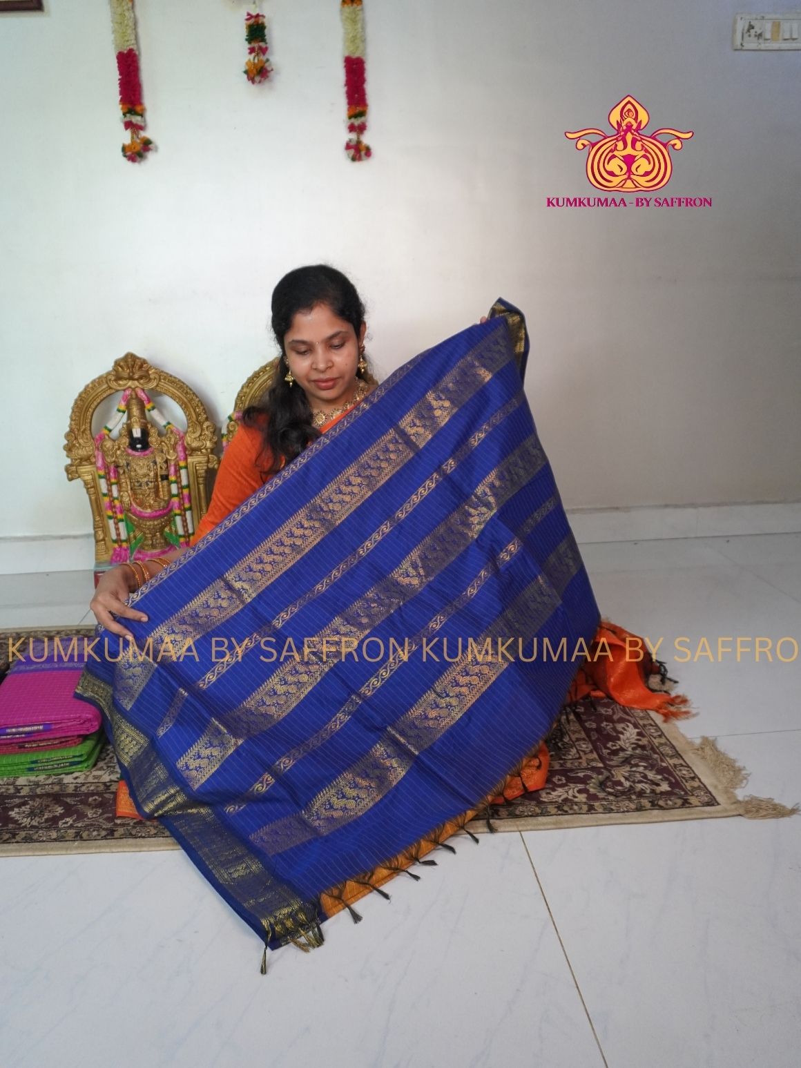 KALYANI COTTON - YELLOW WITH BLUE CHECKED SAREE- GOLD ZARI BORDER - Kumkumaa Exclusive traditional festival temple wear