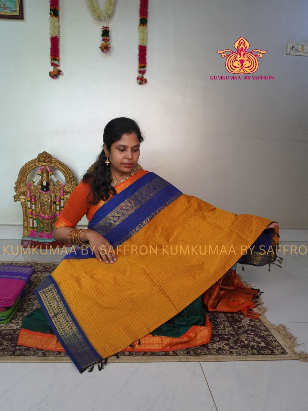 KALYANI COTTON - YELLOW WITH BLUE CHECKED SAREE- GOLD ZARI BORDER - Kumkumaa Exclusive traditional festival temple wear