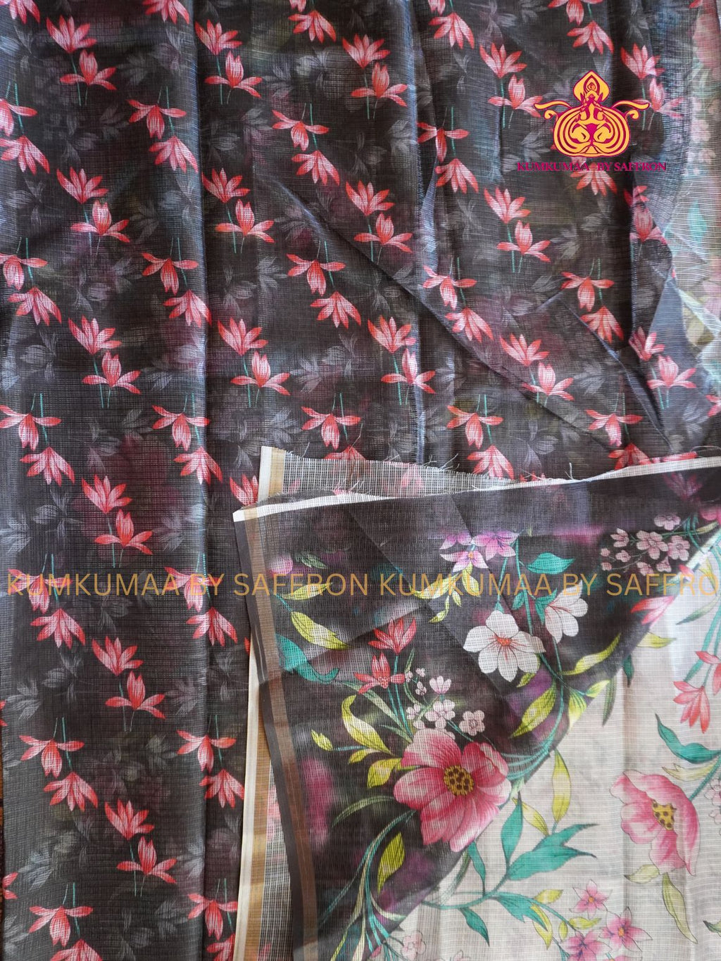 KOTA -GREY WITH BLACK LOTUS SAREE WITH FULLY PRINTED BLOUSE - Kumkumaa LIGHT WEIGHT - BREATHABLE SAREE- FANCY AND ELEGANT