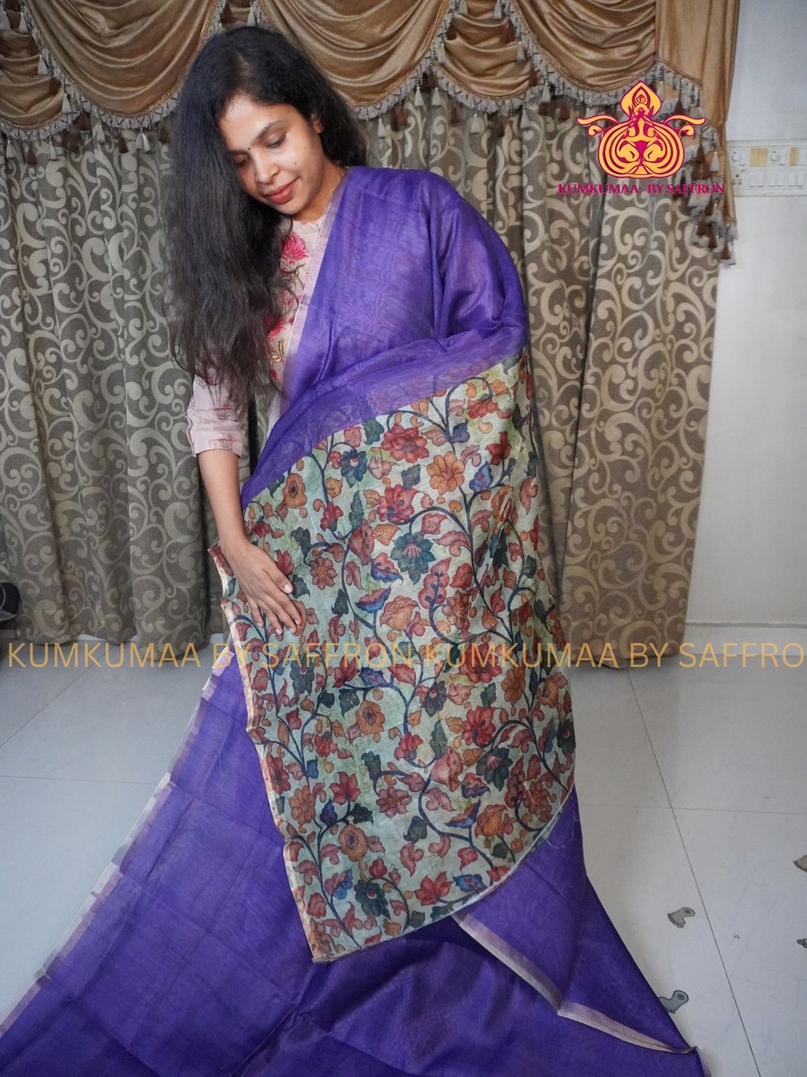 CHANDERI COTTON - PURPLE - FLORAL BLOUSE PIECE AND PALLU- PROFESSIONAL WEAR- MINIMALIST BORDER - LATEST COLLECTION - KUMKUMAA BY SAFFRON - ELITE DESIGN