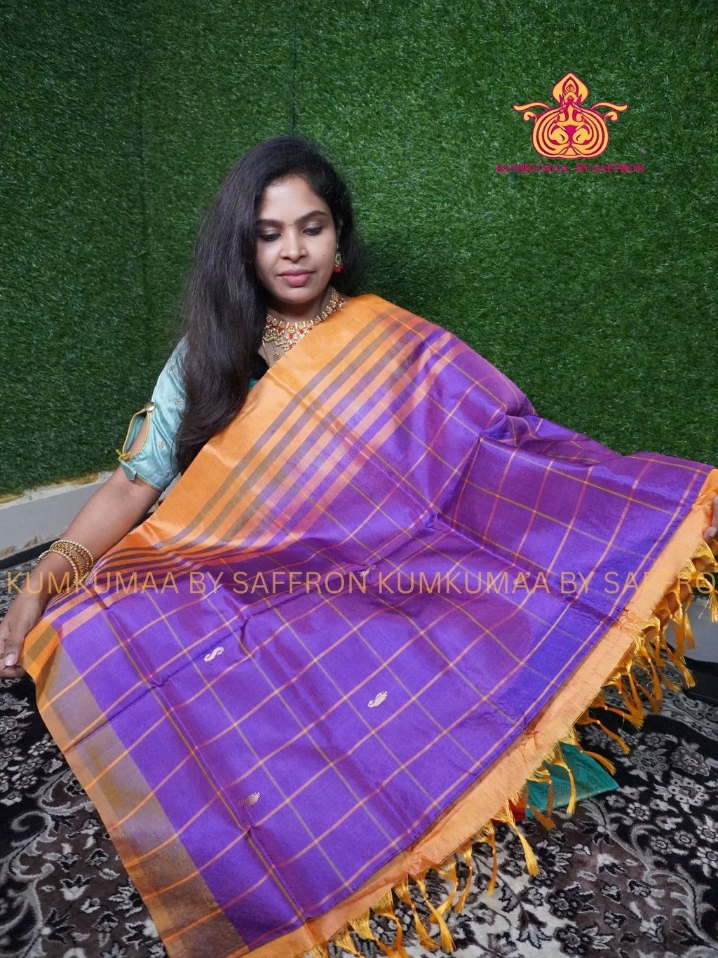 VAAZHAINAAR PATTU - PURPLE AND ORANGE SAREE - WITHOUT BORDER- TRADITIONAL WITHOUT BLOUSE - Kumkumaa TRADITIONAL