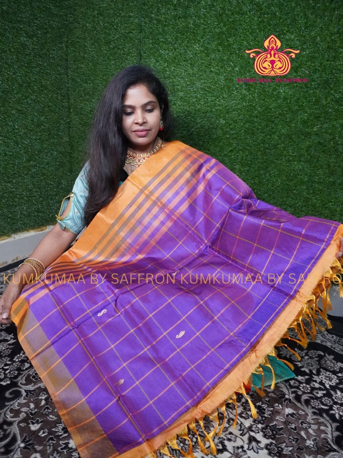 VAAZHAINAAR PATTU - PURPLE AND ORANGE SAREE - WITHOUT BORDER- TRADITIONAL WITHOUT BLOUSE - Kumkumaa TRADITIONAL