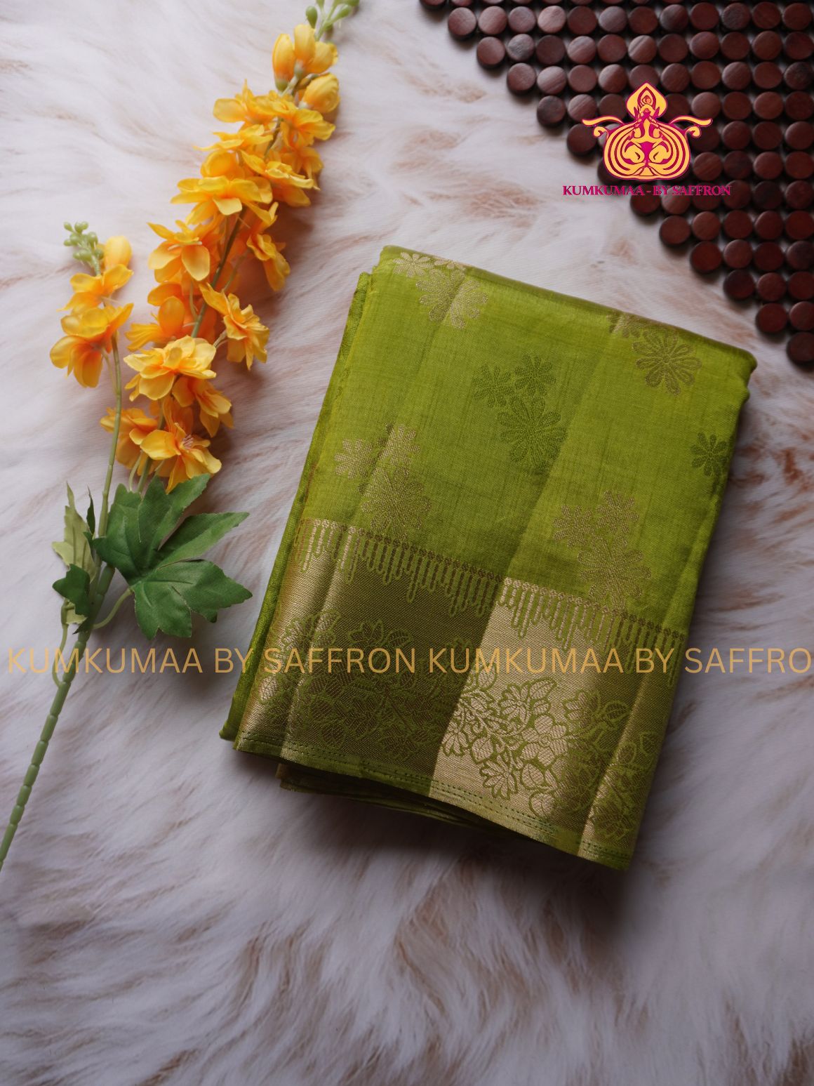 RAW SILK SAREE - LIGHT GREEN SAREE WITH FLORAL DESIGN - ETHNIC WEAR - EXCLUSIVE KUMKUMAA COLLECTION- RAW SILK MATERIAL -FESTIVE