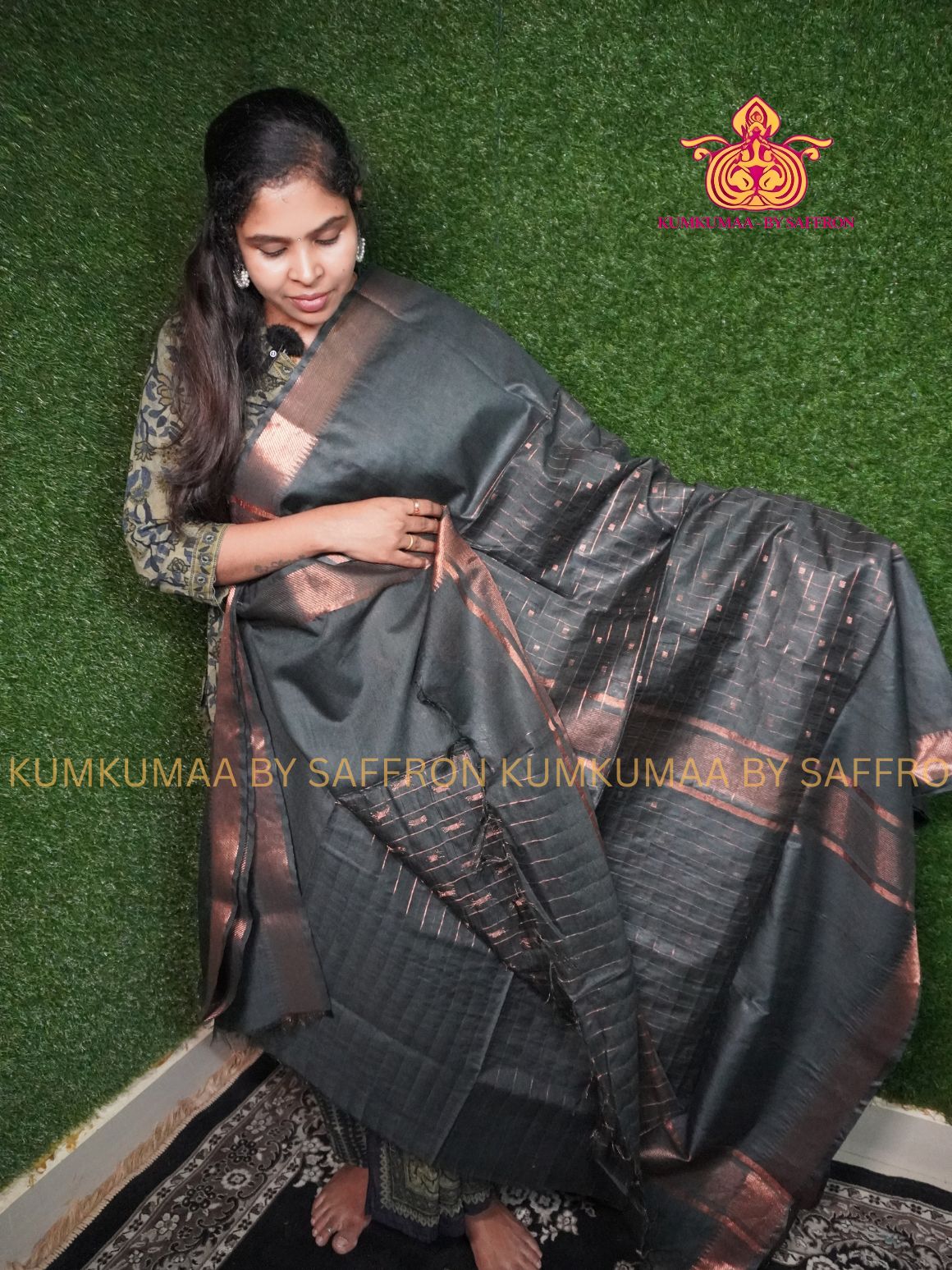FANCY SAREE - BLACK WITH GOLD BUTTAS SAREE - STRIPPED DESIGN ALL OVER- TRENDY WEAR SAREE- Beautiful saree for women - KUMKUMAA FANCY FOR ALL OCCASION