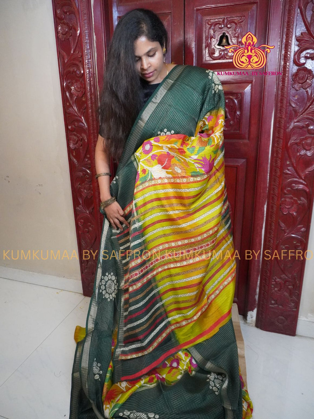 COTTON SILK- GREEN AND YELLOW SAREE WITH BLOUSE - MINIMALISTIC BORDER -FLORAL DESIGN PRINTED- Kumkumaa FESTIVE - SELF BLOUSE - OCCASION ELEGANCE - STYLISH AND BEAUTIFUL