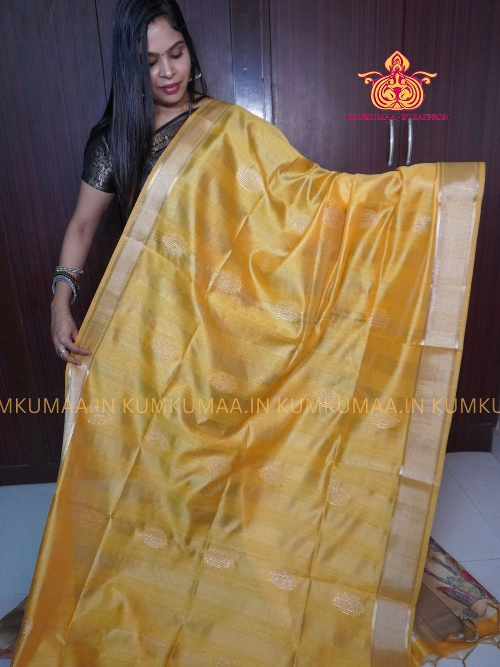 COTTON SILK- YELLOW AND BEIGE SAREE WITH BLOUSE - MINIMALISTIC BORDER -FLORAL DESIGN PRINTED- Kumkumaa FESTIVE - OCCASION ELEGANCE - STYLISH AND BEAUTIFUL