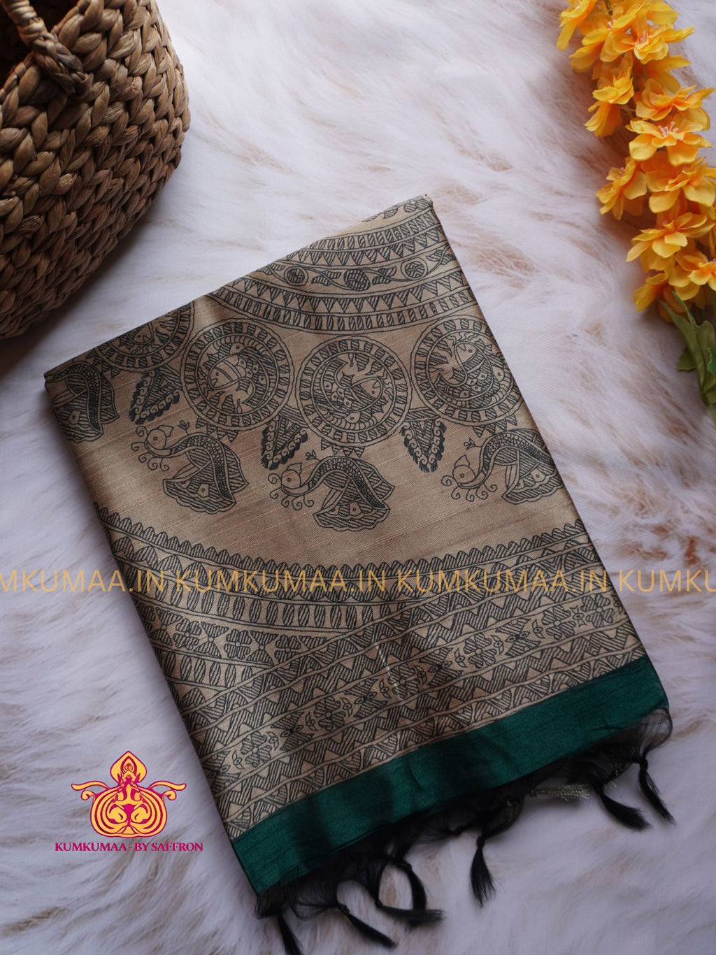 SEMI RAW SILK SAREE - DARK GREEN AND BEIGE - PRINTED PALLU - TRENDY WEAR SAREE- Beautiful saree for women - KUMKUMAA TRENDY FOR ALL OCCASION