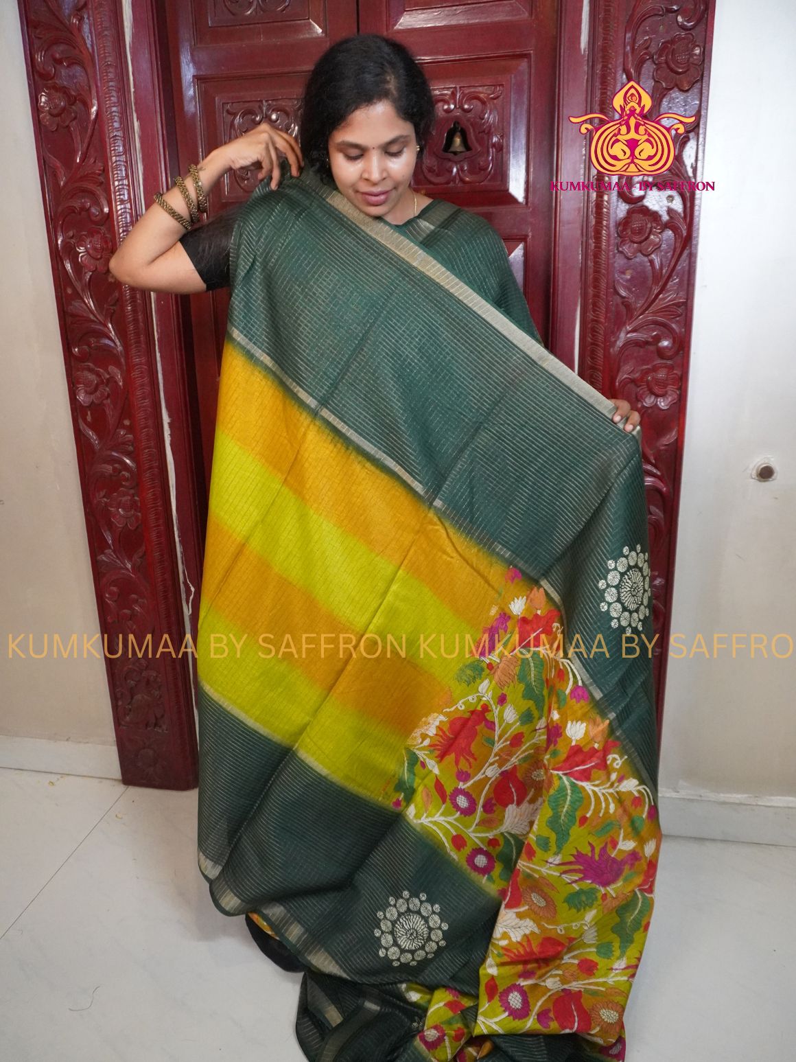 COTTON SILK- GREEN AND YELLOW SAREE WITH BLOUSE - MINIMALISTIC BORDER -FLORAL DESIGN PRINTED- Kumkumaa FESTIVE - SELF BLOUSE - OCCASION ELEGANCE - STYLISH AND BEAUTIFUL