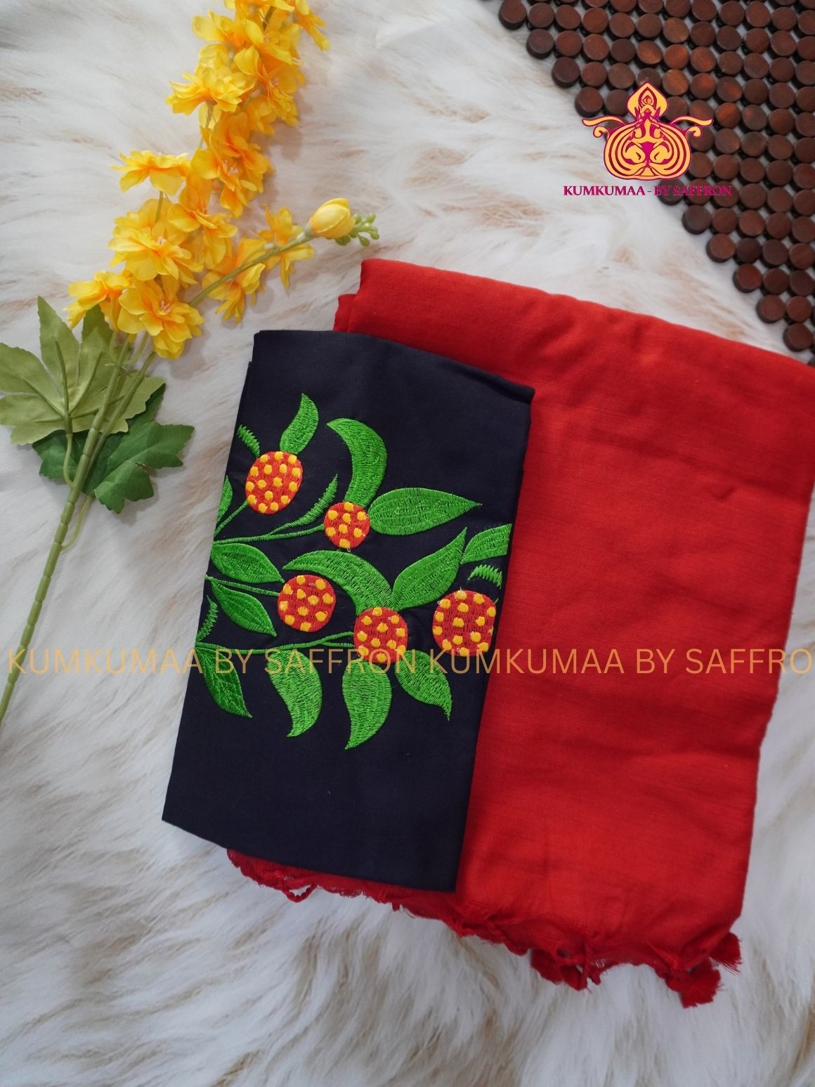 KATHI COTTON- RED AND BLACK SAREE WITH BLOUSE- EXTRA BLOUSE WITH EMBROIDERY DESIGN - Kumkumaa Exclusive SOFT KADHI COTTON - FANCY COMFORT