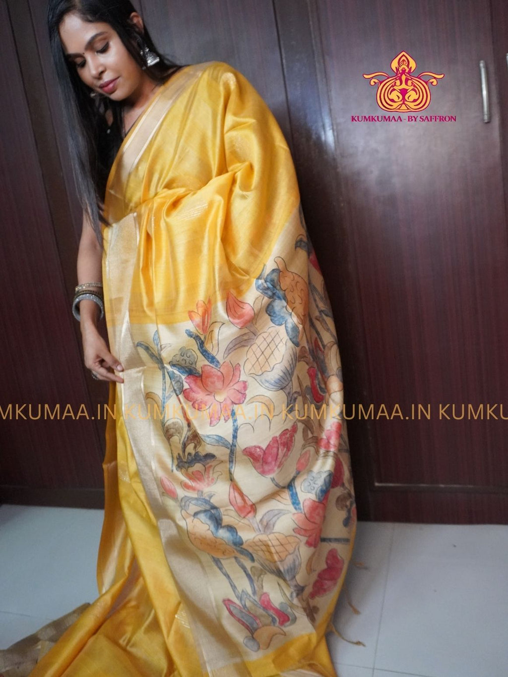 COTTON SILK- YELLOW AND BEIGE SAREE WITH BLOUSE - MINIMALISTIC BORDER -FLORAL DESIGN PRINTED- Kumkumaa FESTIVE - OCCASION ELEGANCE - STYLISH AND BEAUTIFUL