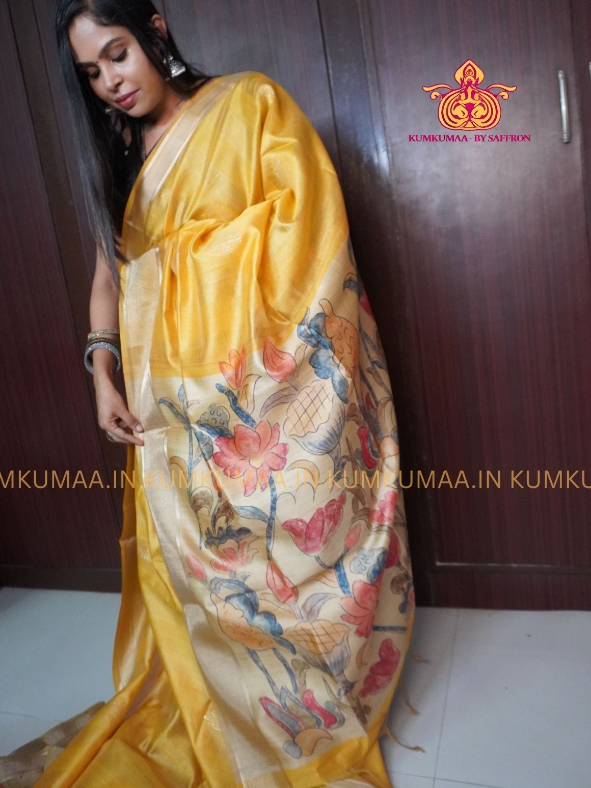 COTTON SILK- YELLOW AND BEIGE SAREE WITH BLOUSE - MINIMALISTIC BORDER -FLORAL DESIGN PRINTED- Kumkumaa FESTIVE - OCCASION ELEGANCE - STYLISH AND BEAUTIFUL